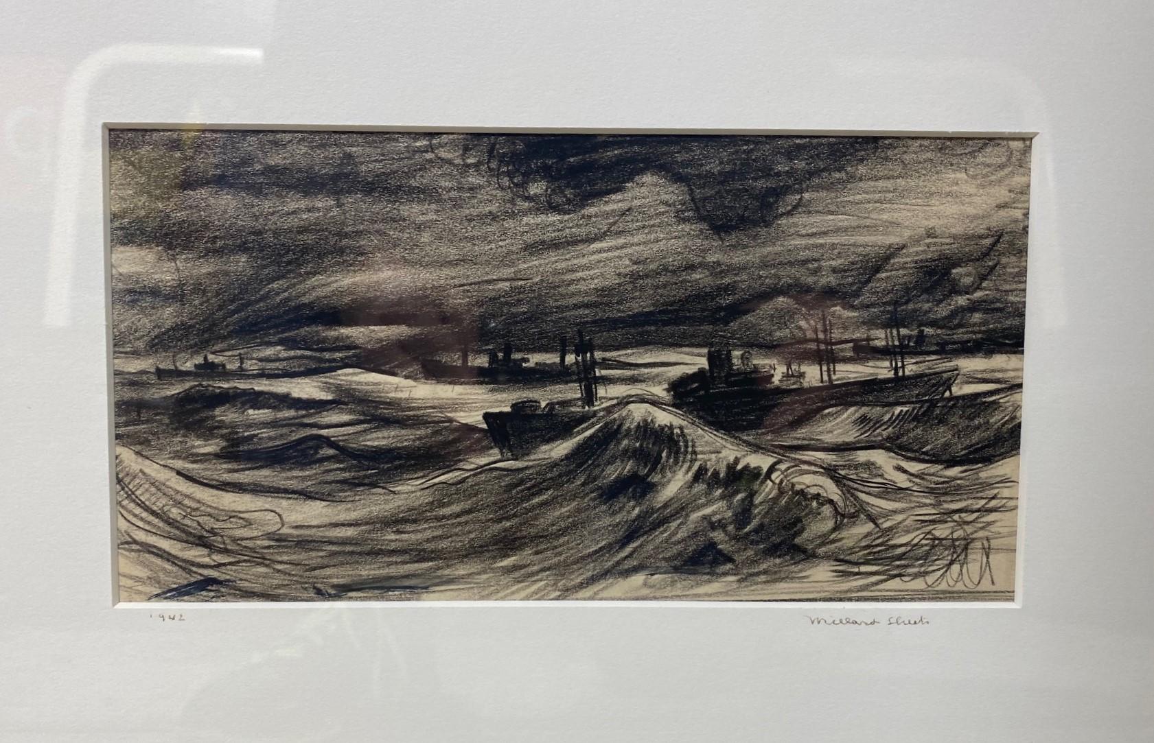 Mid-Century Modern Dessins d'origine signés Millard représentant des bateaux de guerre dans le port des mers tempérées, 1942 en vente