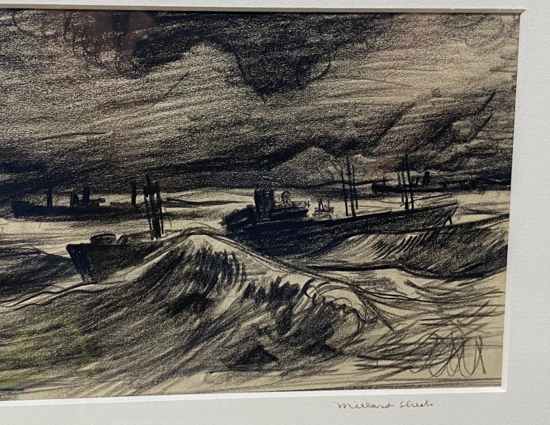 Mid-Century Modern Millard Sheets Signed Original Drawing Wartime Boats in Stormy Seas Harbor, 1942 For Sale