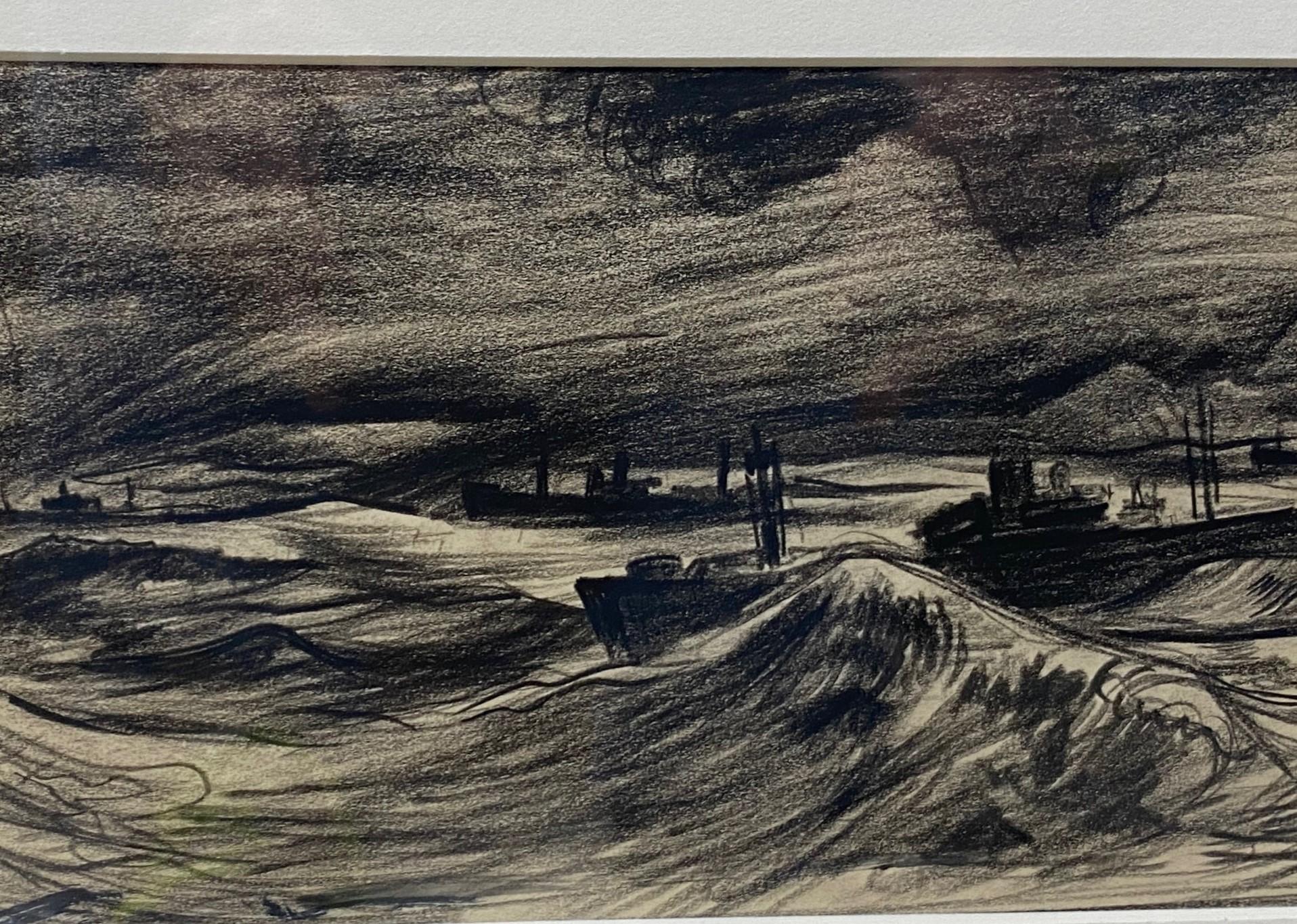 American Millard Sheets Signed Original Drawing Wartime Boats in Stormy Seas Harbor, 1942 For Sale