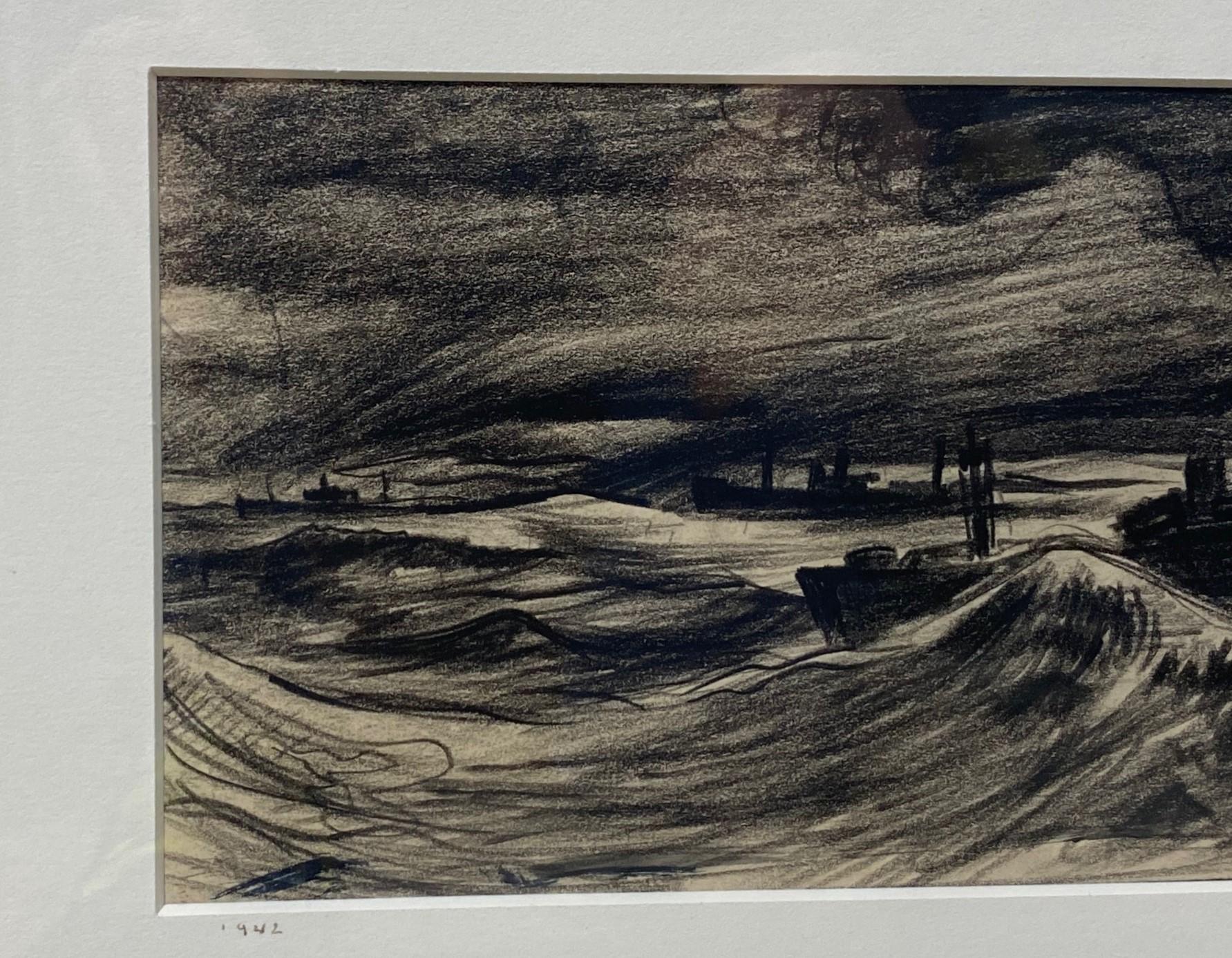 Millard Sheets Signed Original Drawing Wartime Boats in Stormy Seas Harbor, 1942 In Good Condition For Sale In Studio City, CA