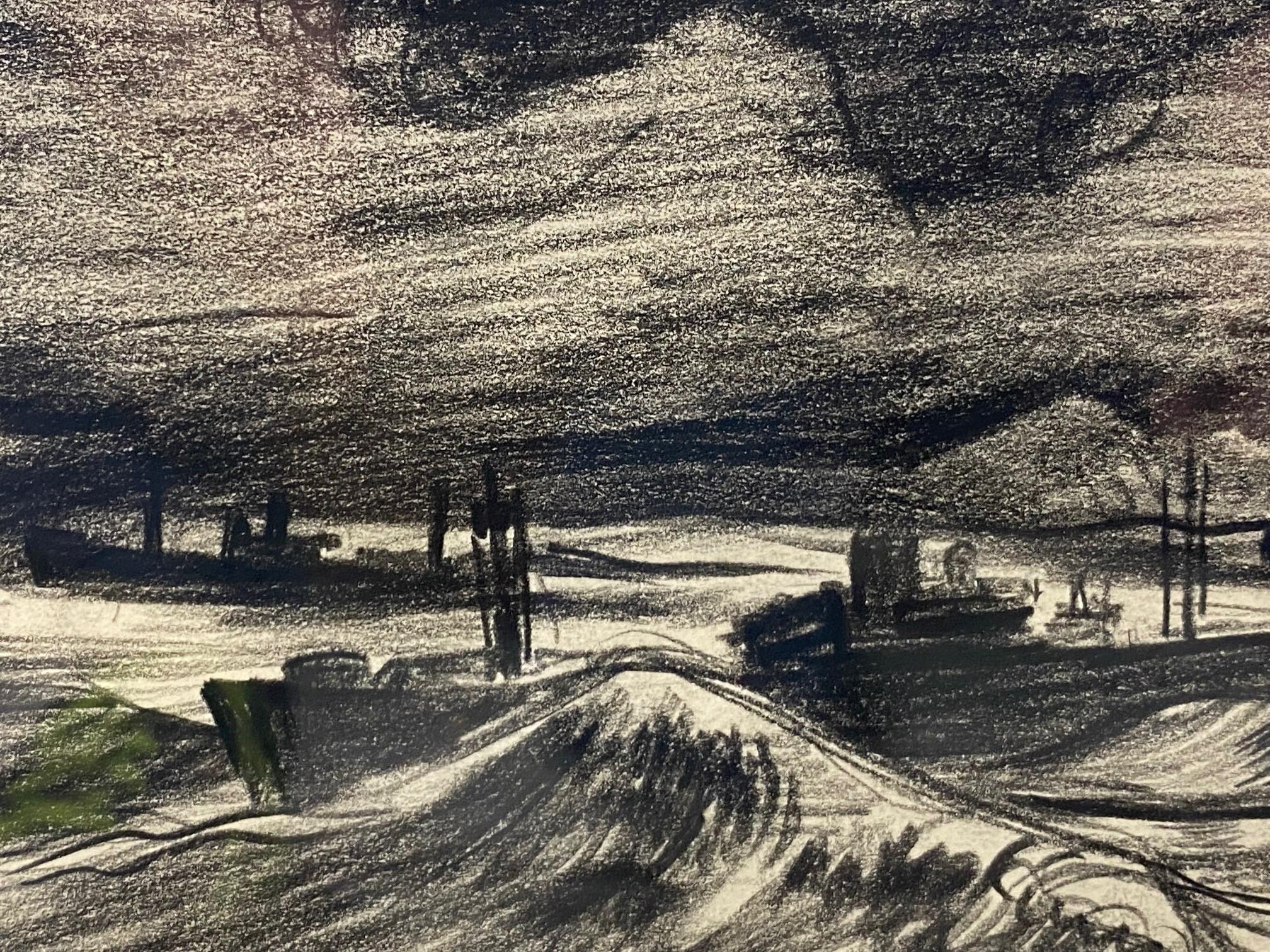 Mid-20th Century Millard Sheets Signed Original Drawing Wartime Boats in Stormy Seas Harbor, 1942 For Sale