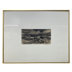 Millard Sheets Signed Original Drawing Wartime Boats in Stormy Seas Harbor, 1942