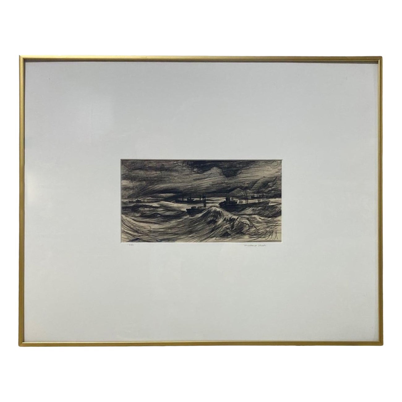 Millard Sheets Dibujo original firmado Barcos de guerra en el puerto de Stormy Seas, 1942 en venta