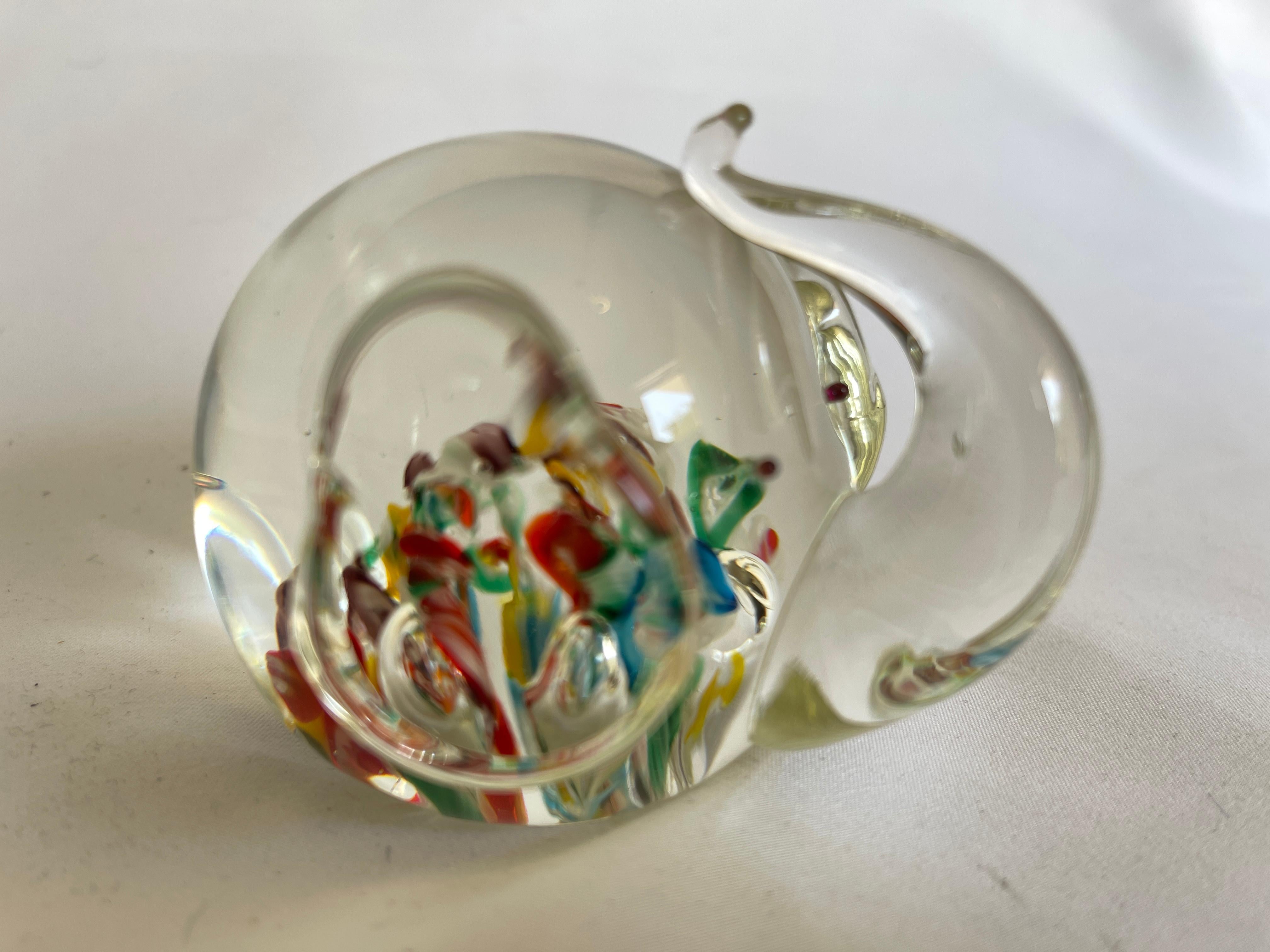 1970's hand blown millefiori multicolor glass elephant paperweight labeled with foil sticker on bottom, ARDALT.