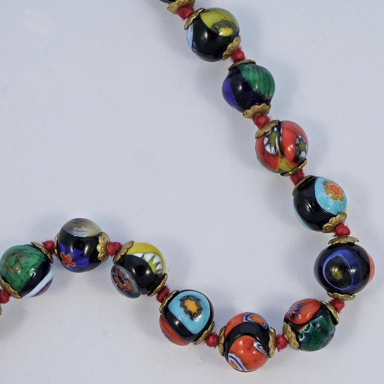 Women's or Men's Millefiori Murano Glass Bead Necklace with Barrel Clasp For Sale