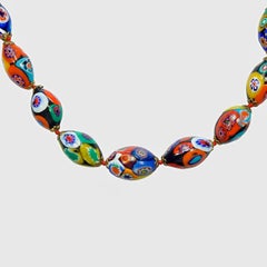 Millefiori Murano Glass Graduated Oval Bead Necklace with Barrel Clasp