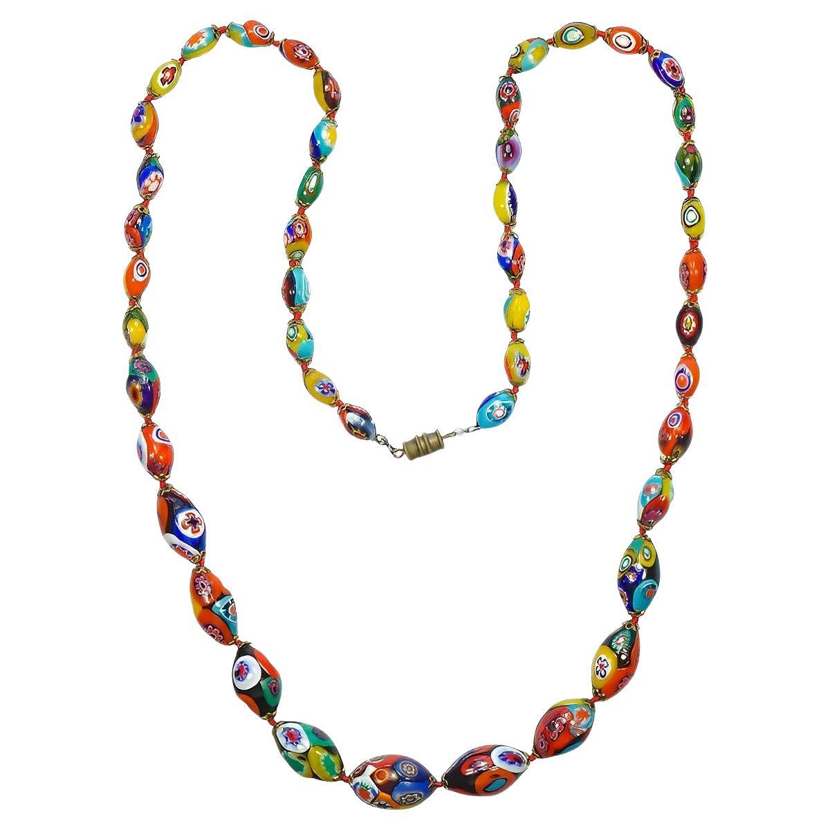 Millefiori Murano Glass Graduated Oval Bead Necklace with Barrel Clasp