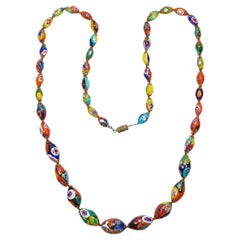 Vintage Millefiori Murano Glass Graduated Oval Bead Necklace with Barrel Clasp