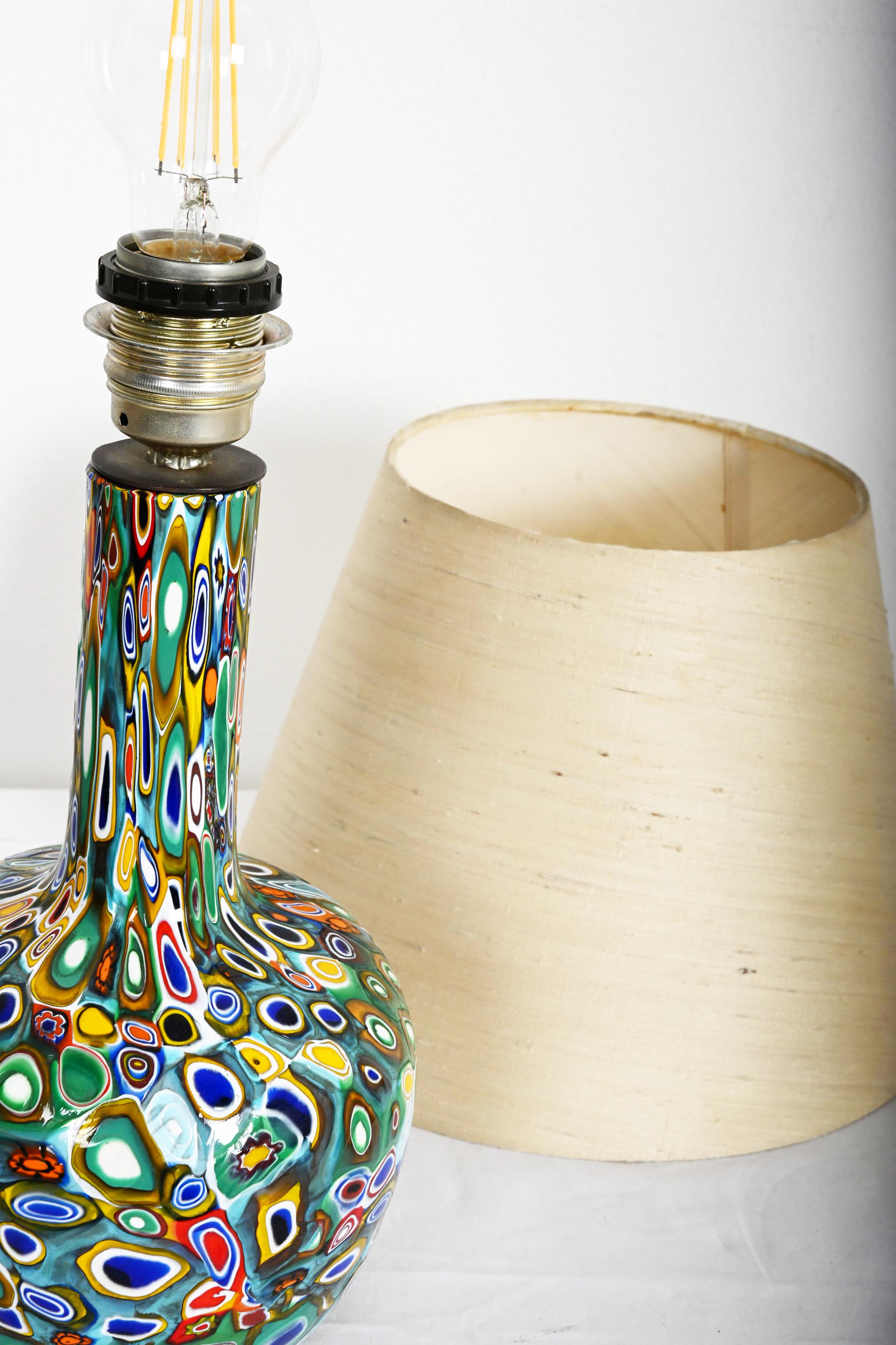 Millefiori Murano Glass Lamp with Custom Silk Shade For Sale 4