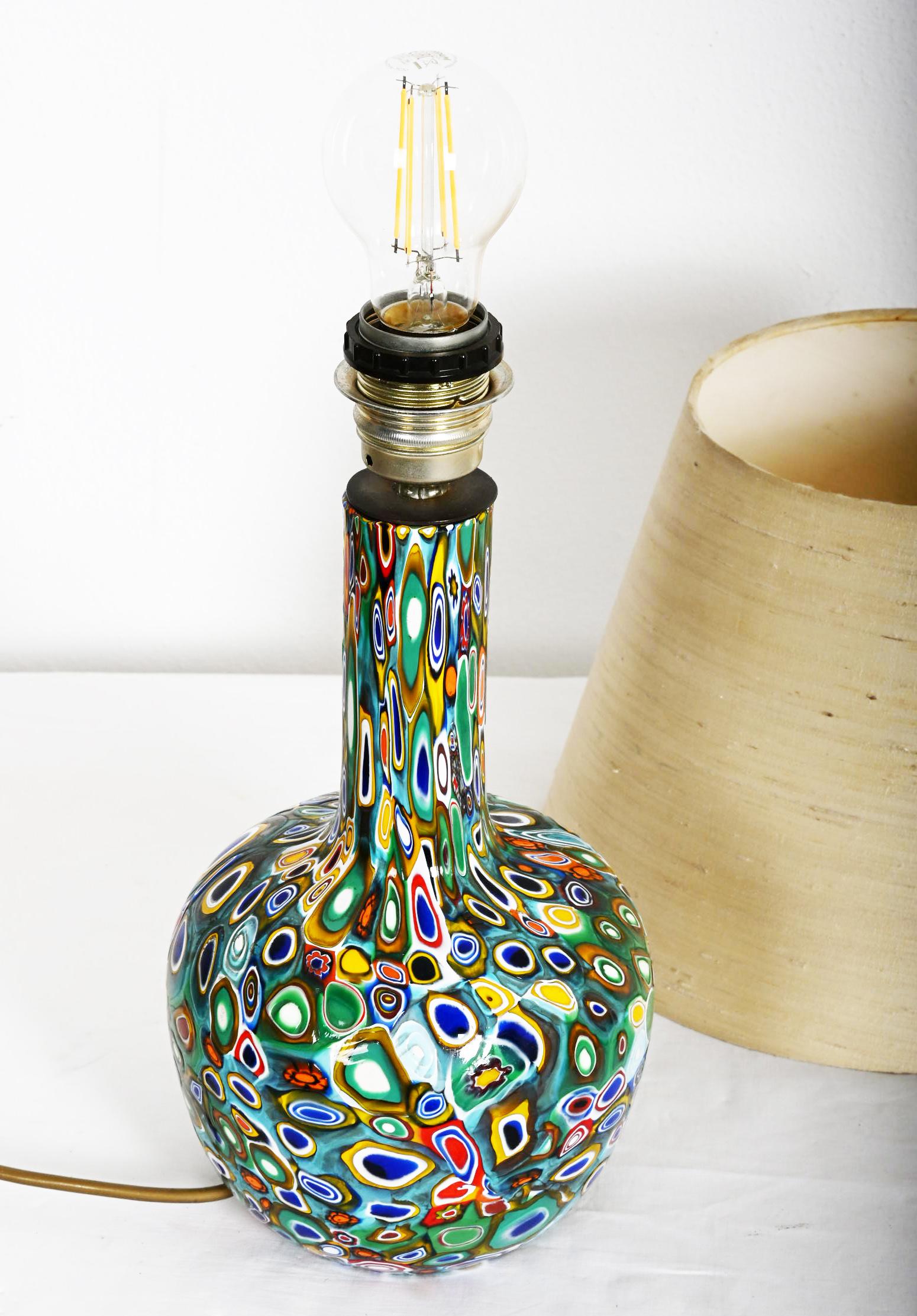 Millefiori Murano Glass Lamp with Custom Silk Shade For Sale 5