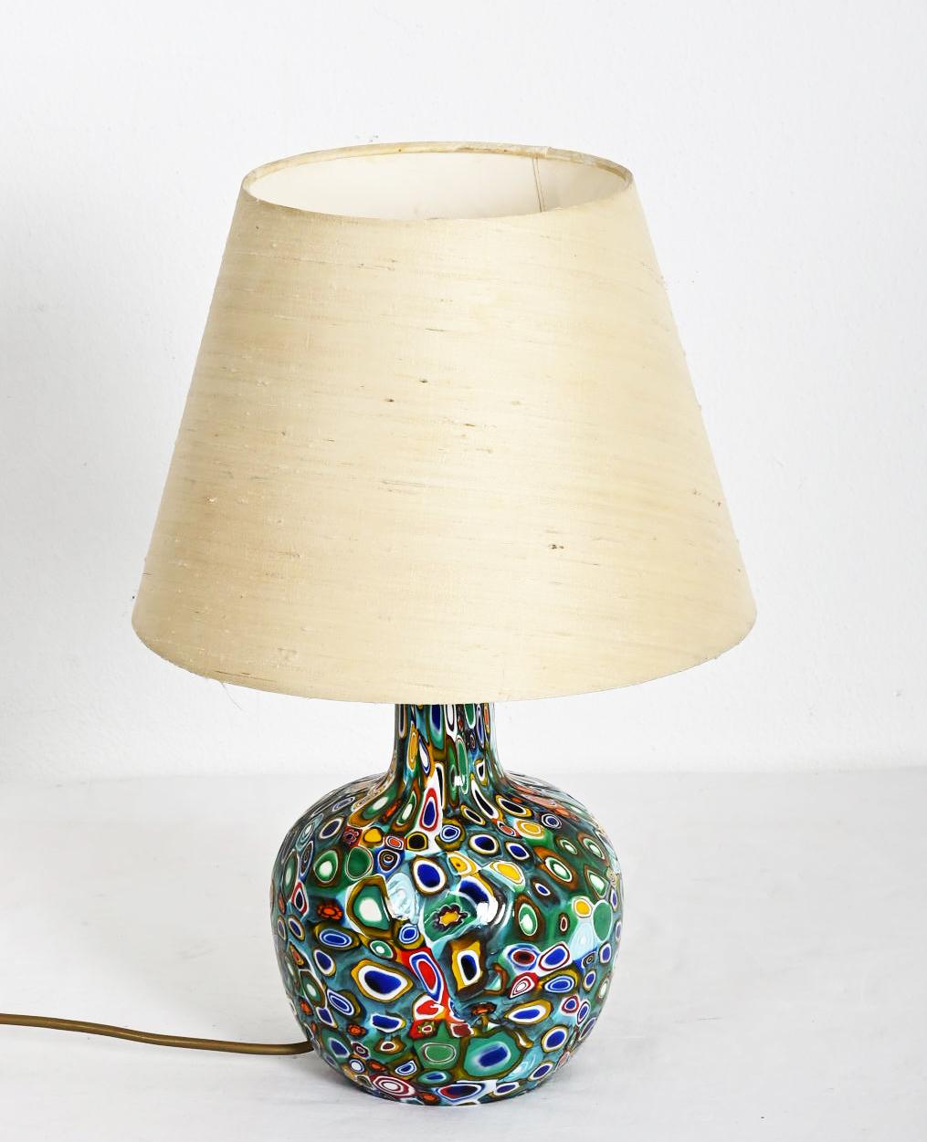 Rare millefiori Murano glass lamp with custom silk shade, made in Italy in the 1950s.