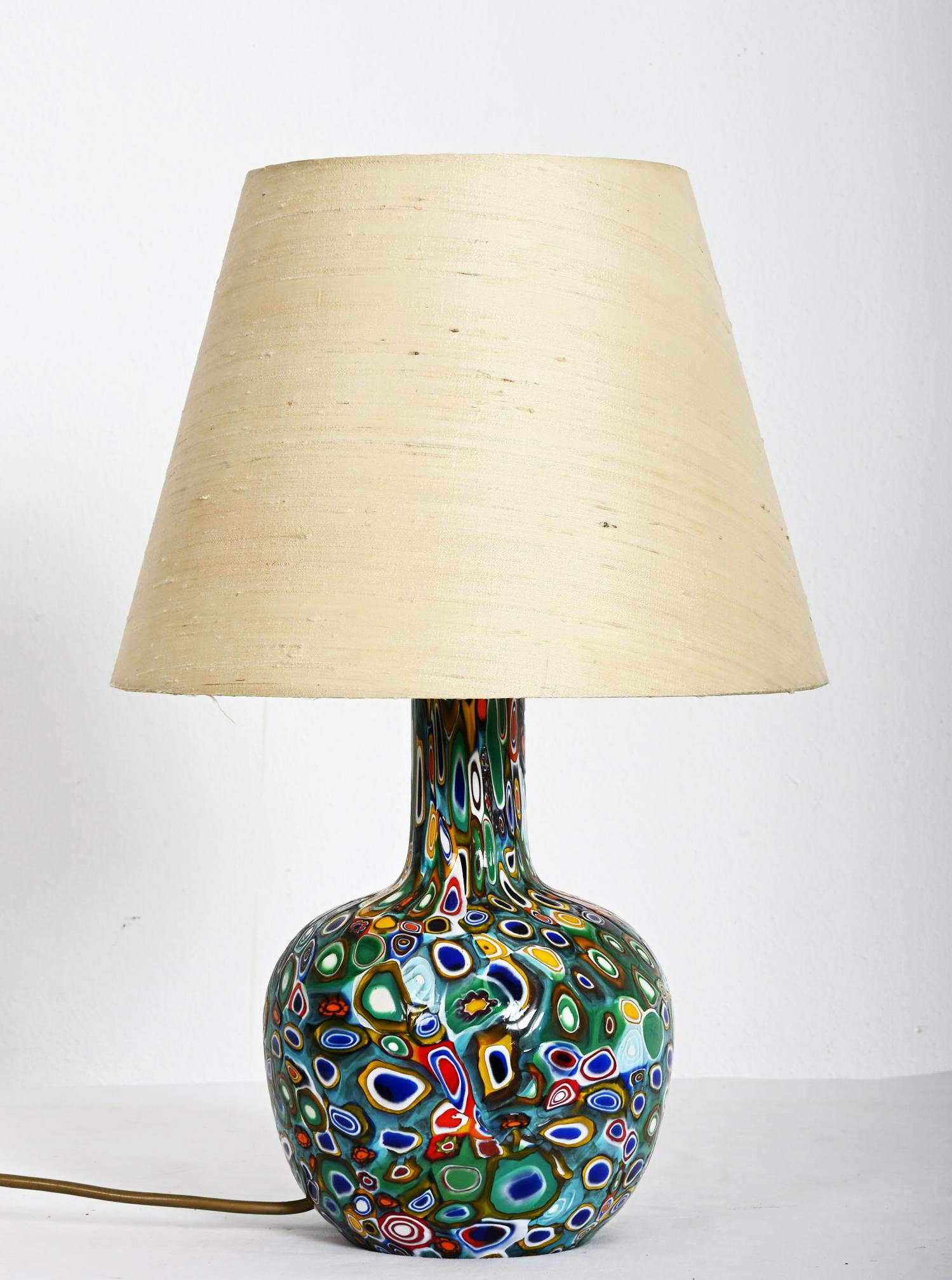 Mid-Century Modern Millefiori Murano Glass Lamp with Custom Silk Shade For Sale