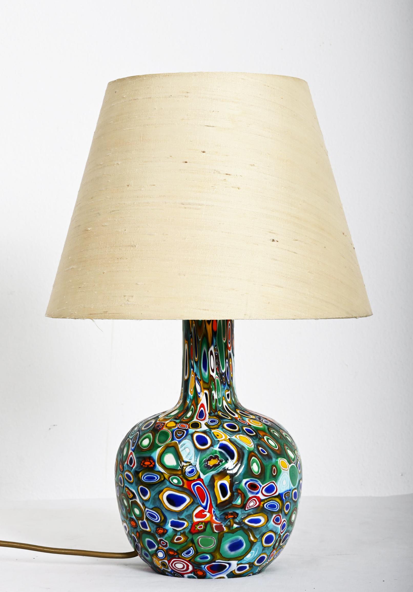 Italian Millefiori Murano Glass Lamp with Custom Silk Shade For Sale