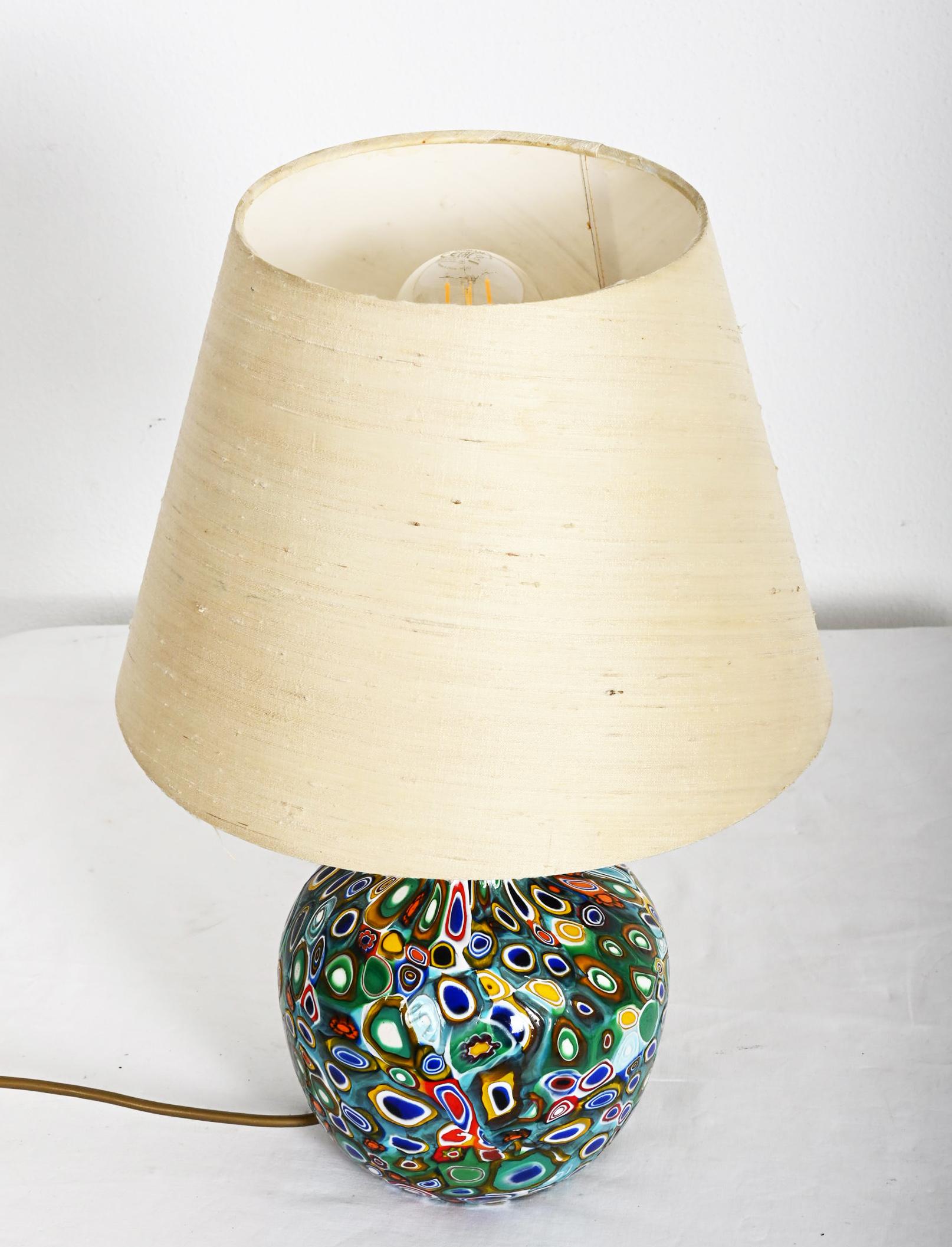 Mid-20th Century Millefiori Murano Glass Lamp with Custom Silk Shade For Sale