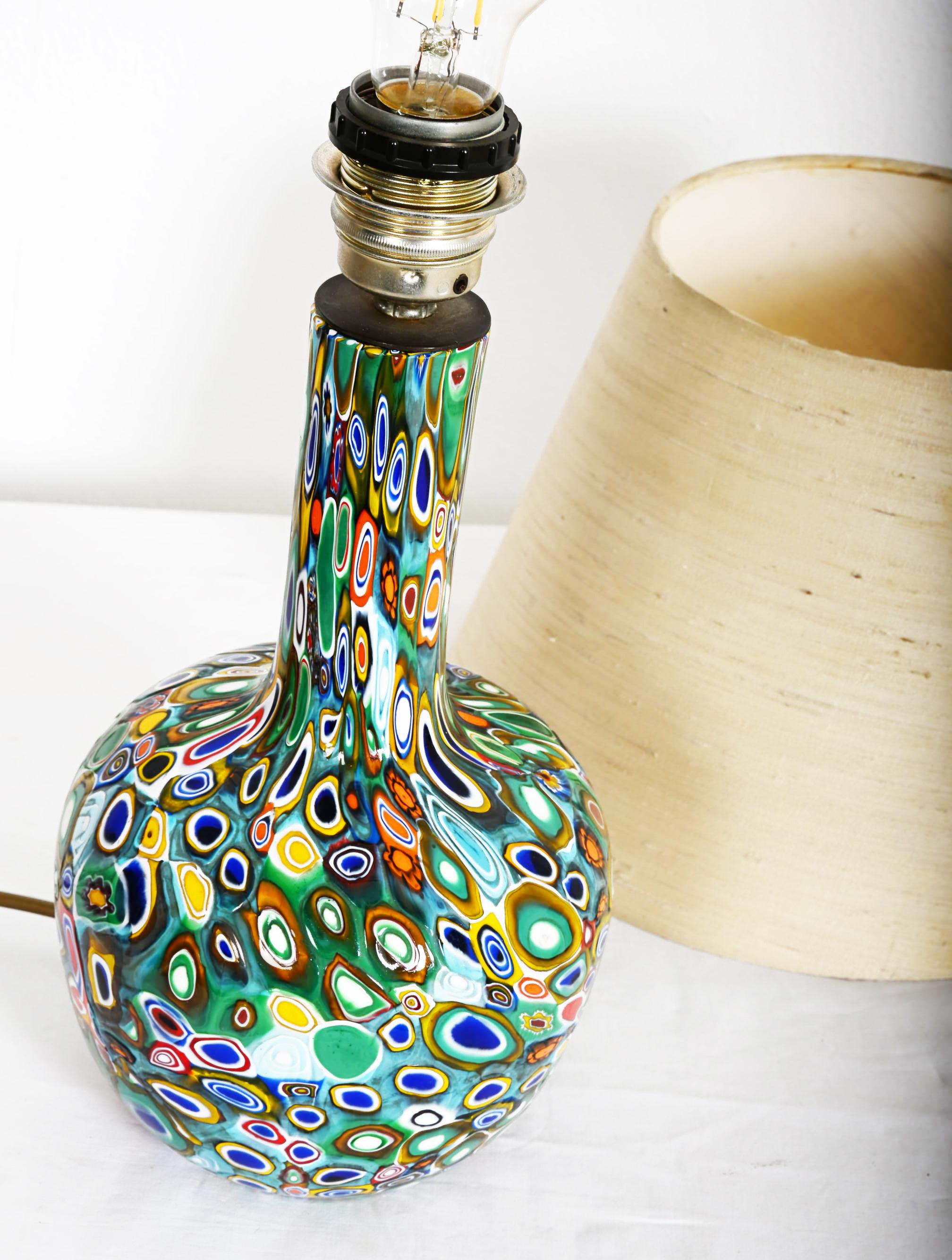 Millefiori Murano Glass Lamp with Custom Silk Shade For Sale 1