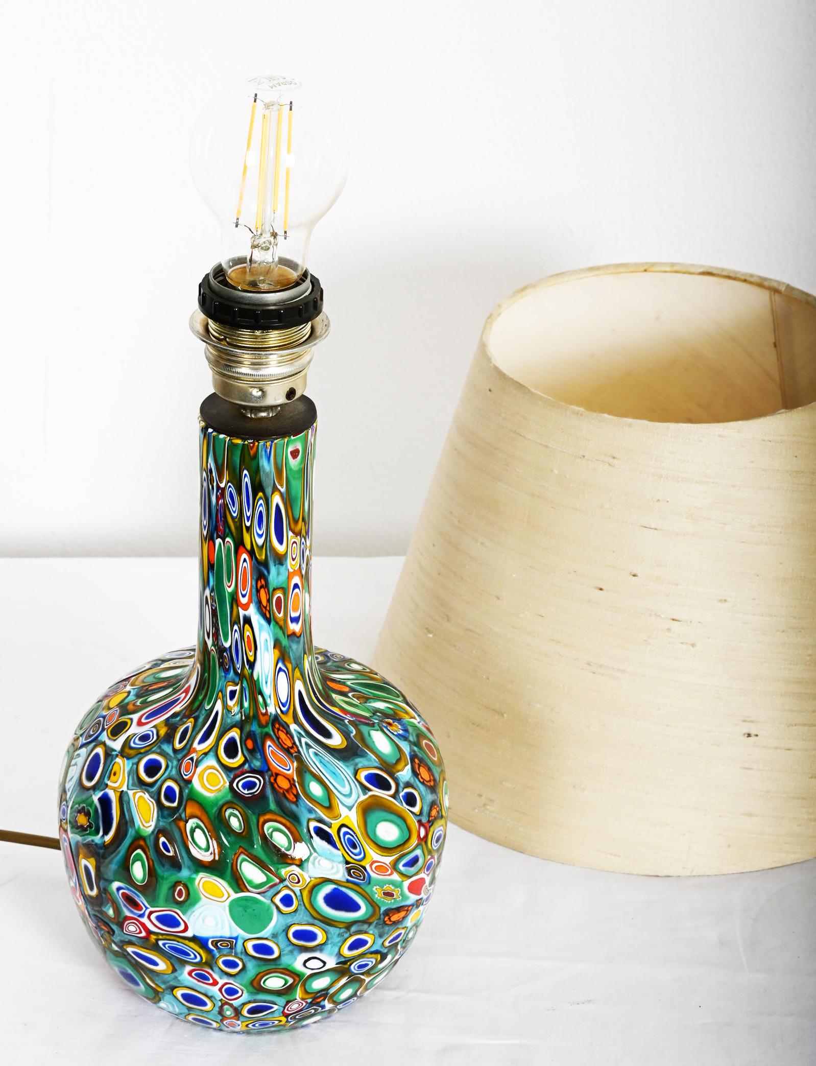 Millefiori Murano Glass Lamp with Custom Silk Shade For Sale 2