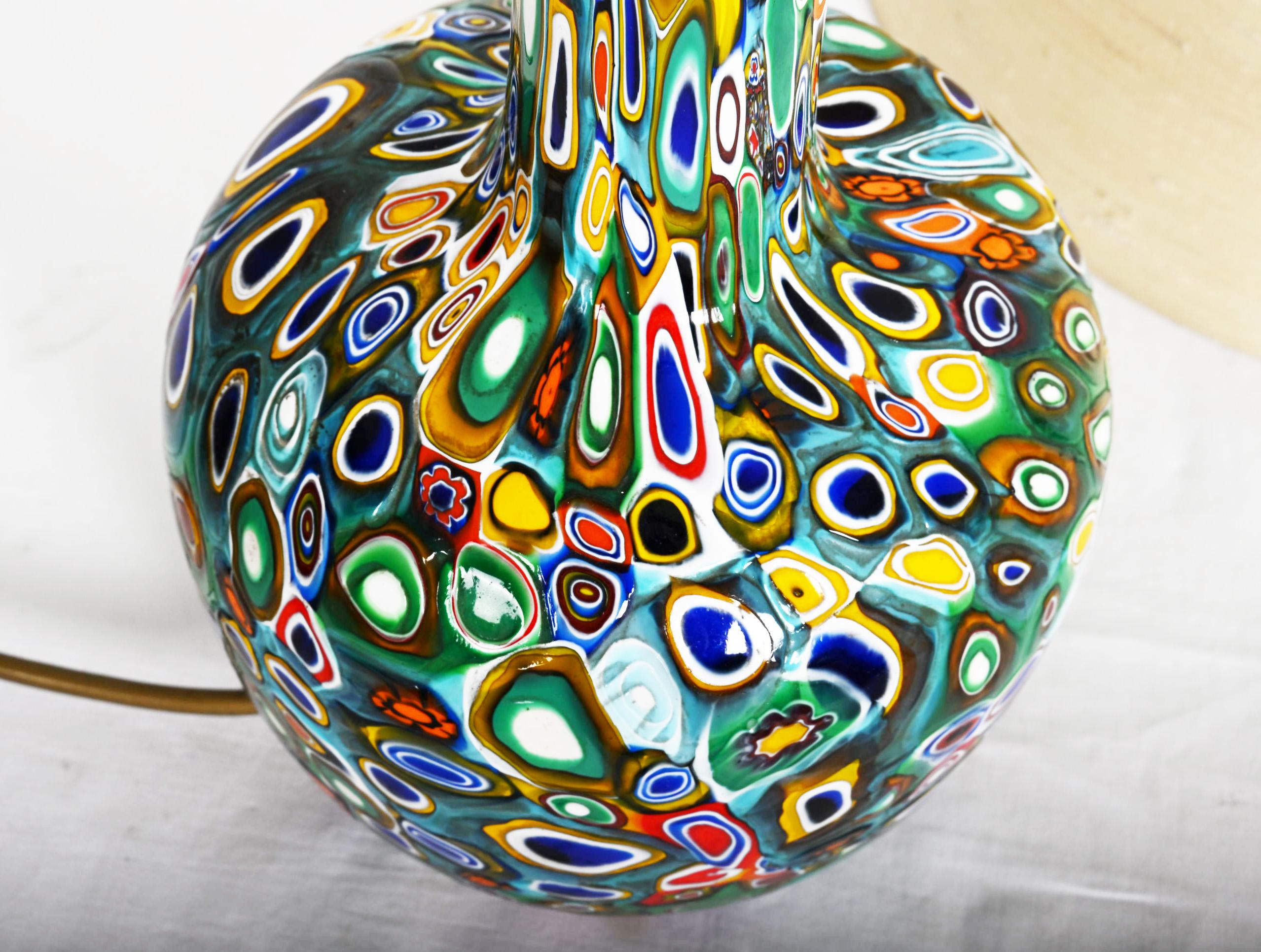 Millefiori Murano Glass Lamp with Custom Silk Shade For Sale 3