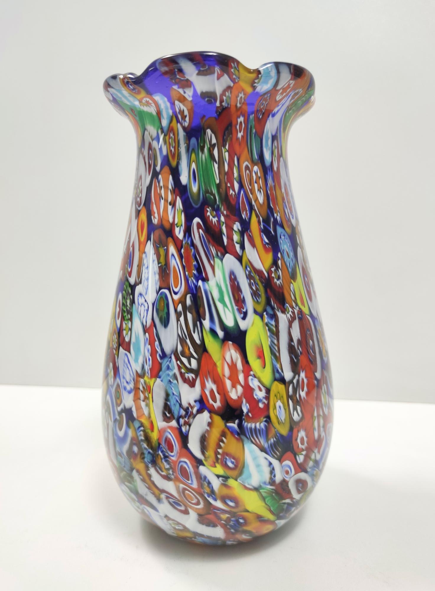 Italian Millefiori Murano Glass Vase by Fratelli Toso with Murrines, Italy 1980s