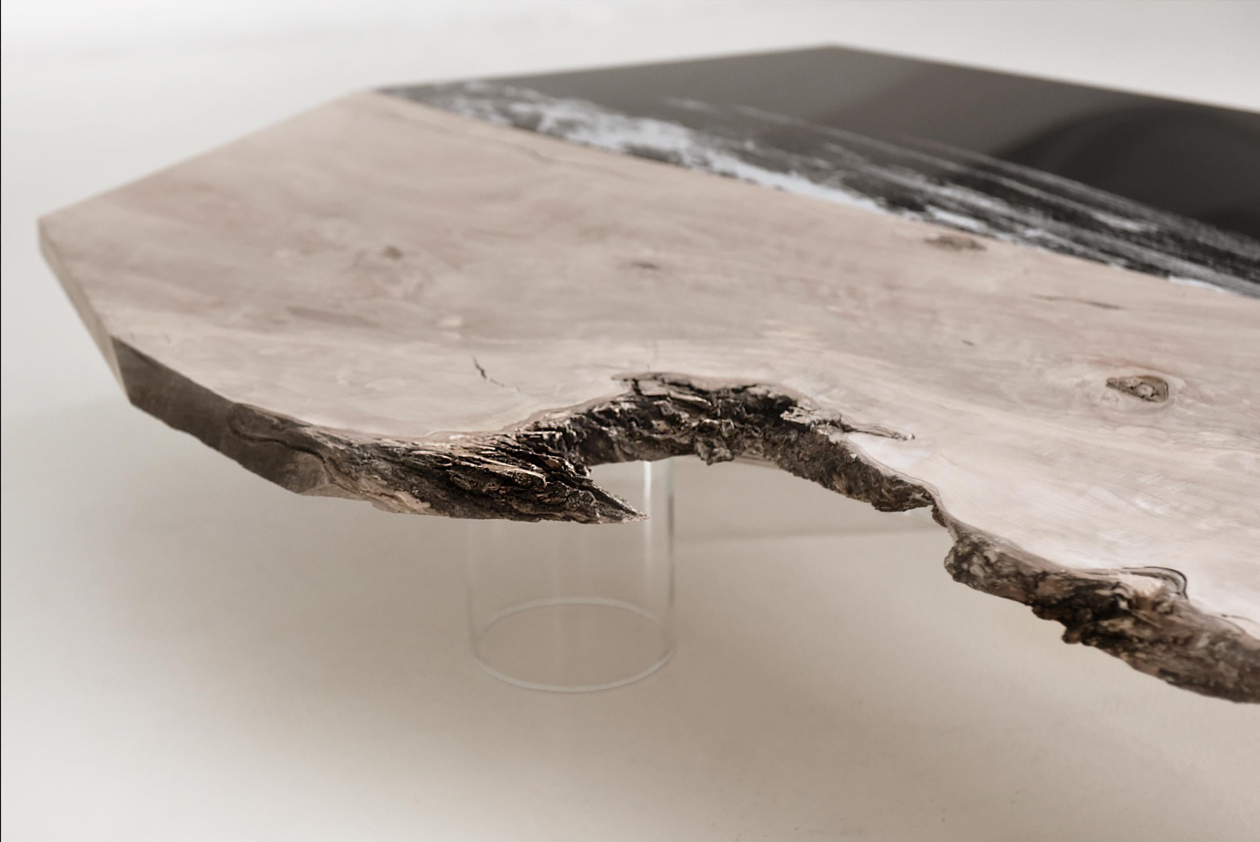 Italian Coffee table Aquae. Millenary Olive Wood, and engraved black plexiglass  For Sale