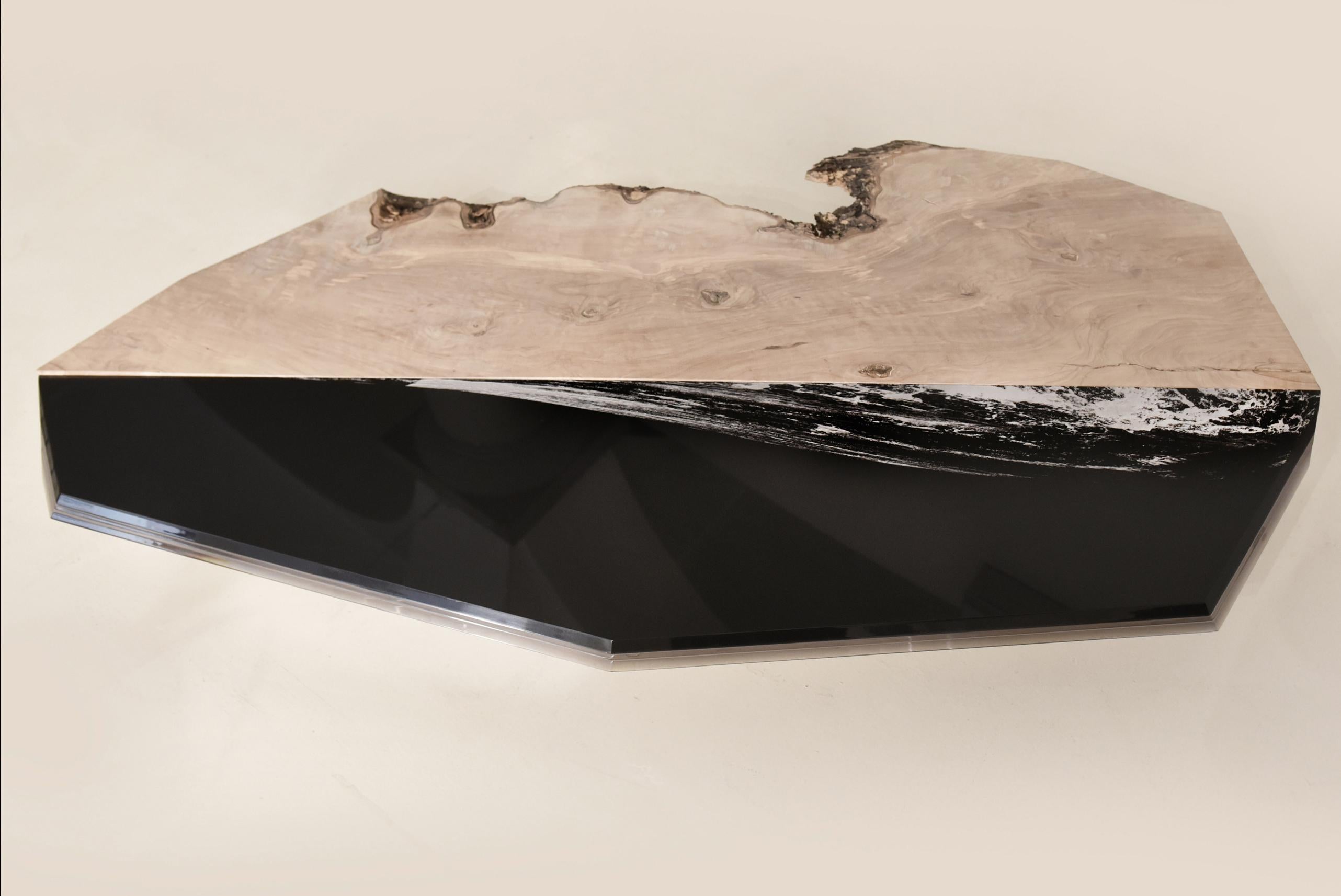 Hand-Crafted Coffee table Aquae. Millenary Olive Wood, and engraved black plexiglass  For Sale