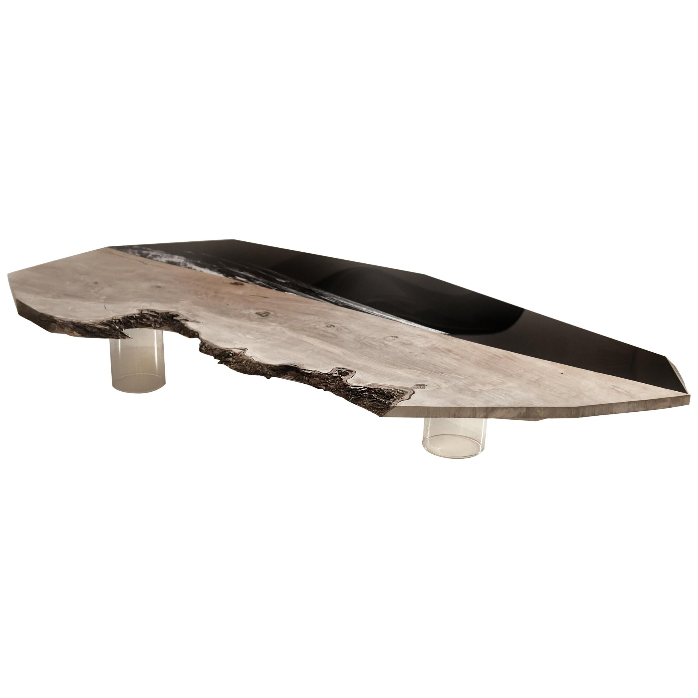 Coffee table Aquae. Millenary Olive Wood, and engraved black plexiglass  For Sale