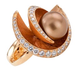 Modern Tahitian Pearl Diamond Gold Cocktail Ring