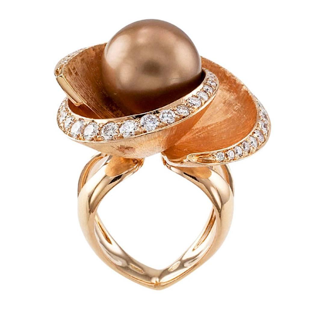 Modern Tahitian Pearl Diamond Gold Cocktail Ring