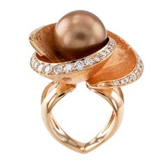 Modern Tahitian Pearl Diamond Gold Cocktail Ring