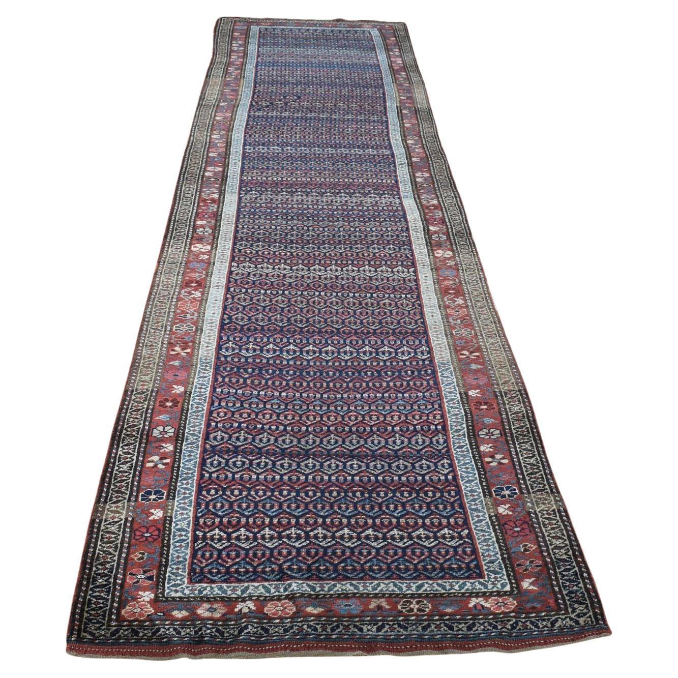 Millennium Blue Antique Kurdish Bijar Pure Wool Hand Knotted Clean Runner Rug For Sale