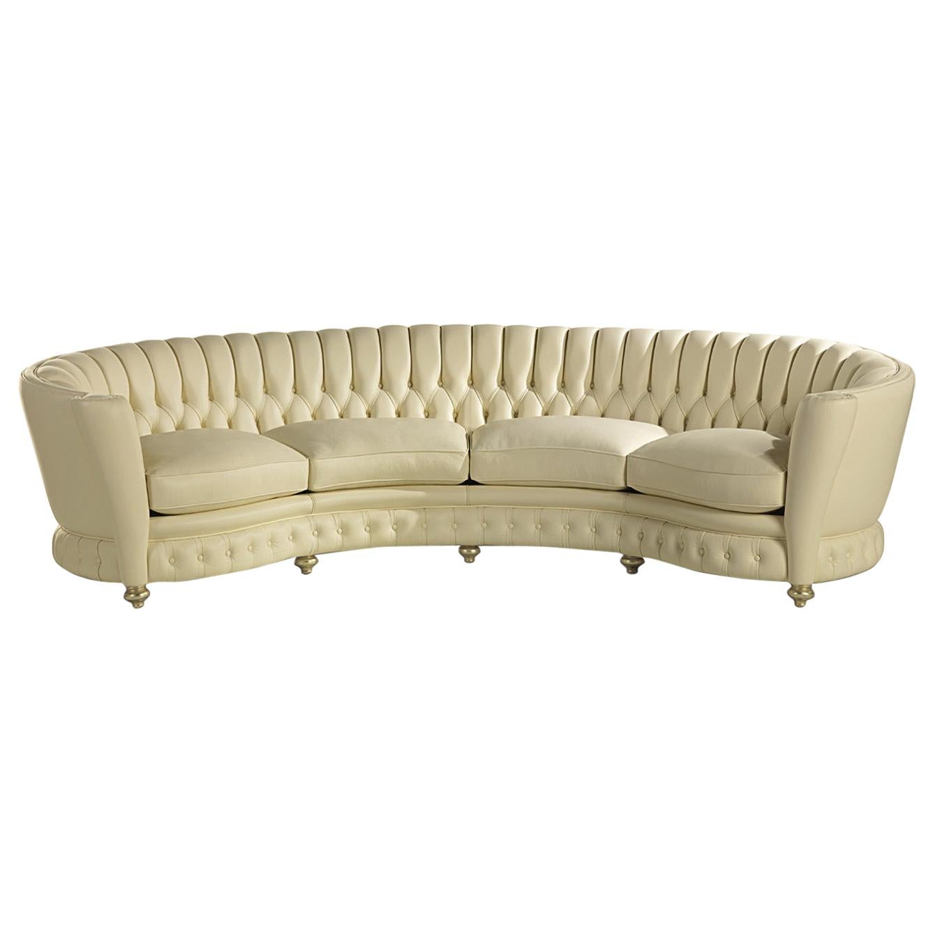 Millennium Four-Seat Leather Sofa with Button Tufting & Gold Finish by Zanaboni