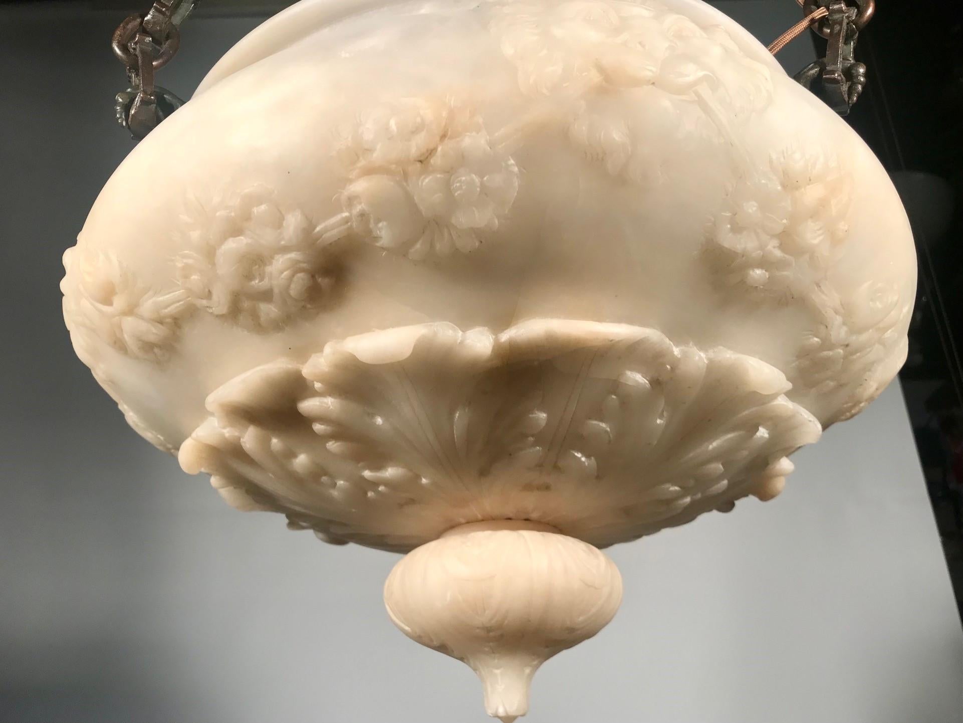 Miller Bronze and Alabaster Bowl-Shaped Carved Pendant Fixture    In Good Condition For Sale In Montreal, QC