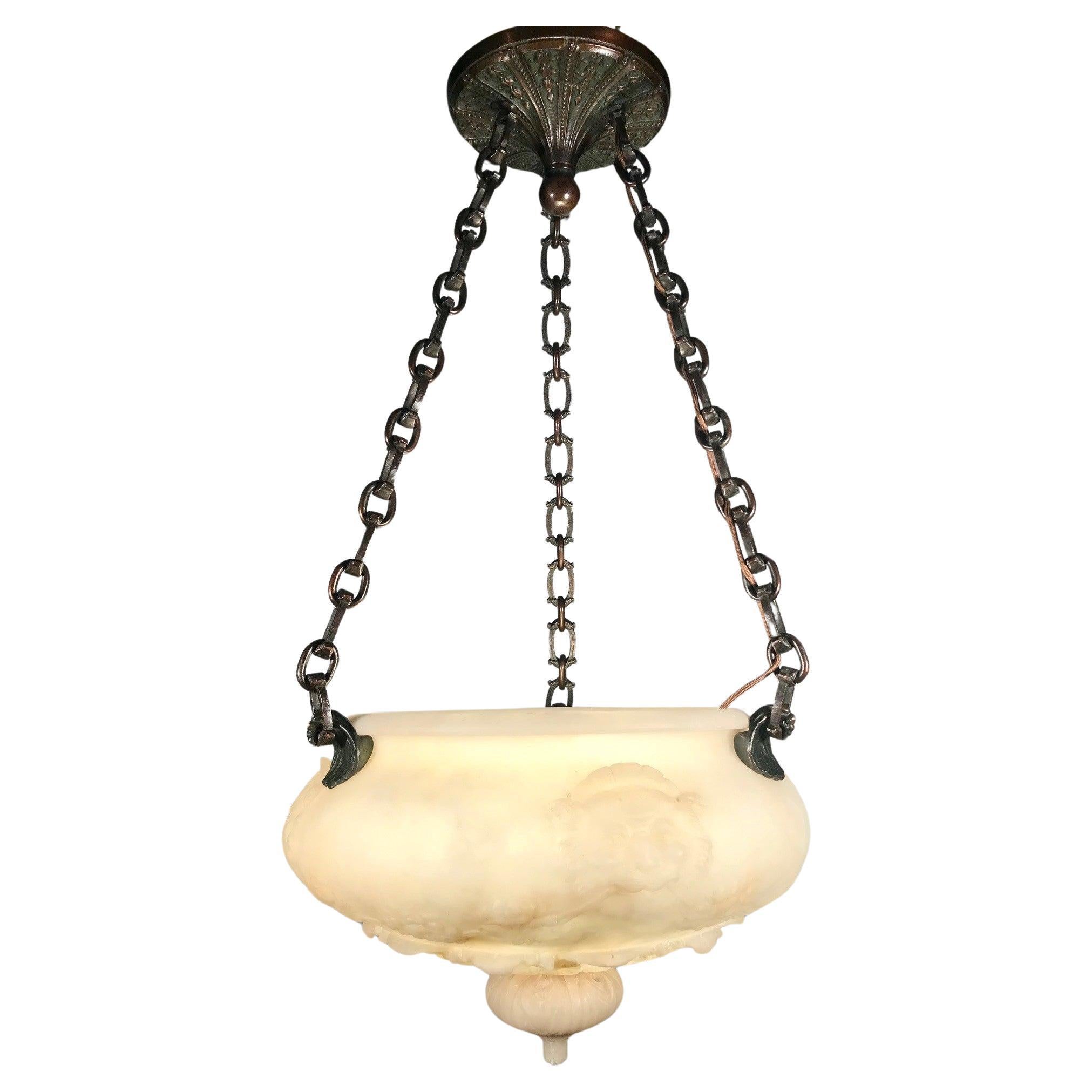 Miller Bronze and Alabaster Bowl-Shaped Carved Pendant Fixture   