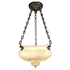 Antique Miller Bronze and Alabaster Bowl-Shaped Carved Pendant Fixture