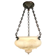 Antique Miller Bronze and Alabaster Bowl-Shaped Carved Pendant Fixture   