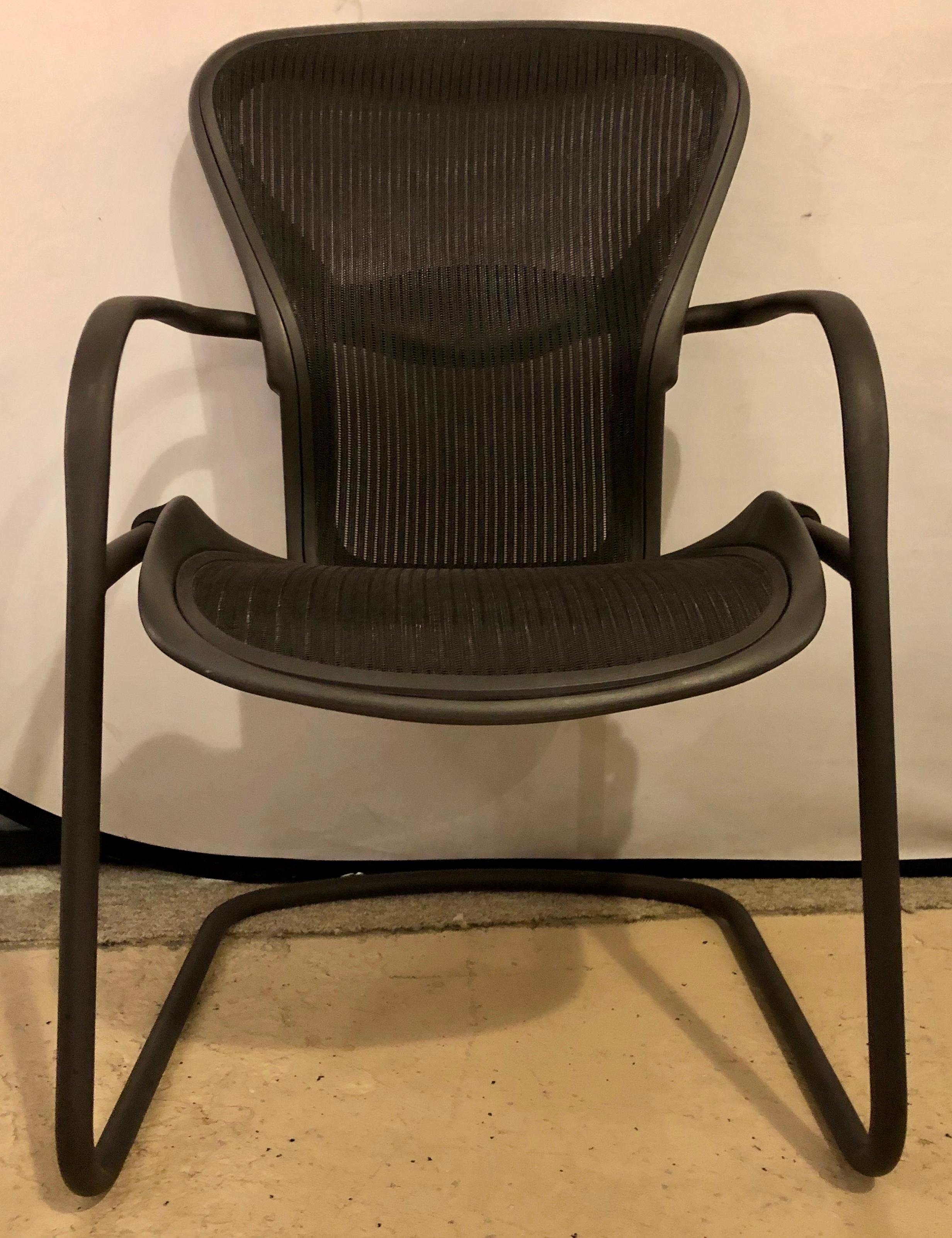Miller Eames Model EA 435 Executive Chair Aluminum Group Black Leather Soft Pad In Good Condition In Stamford, CT