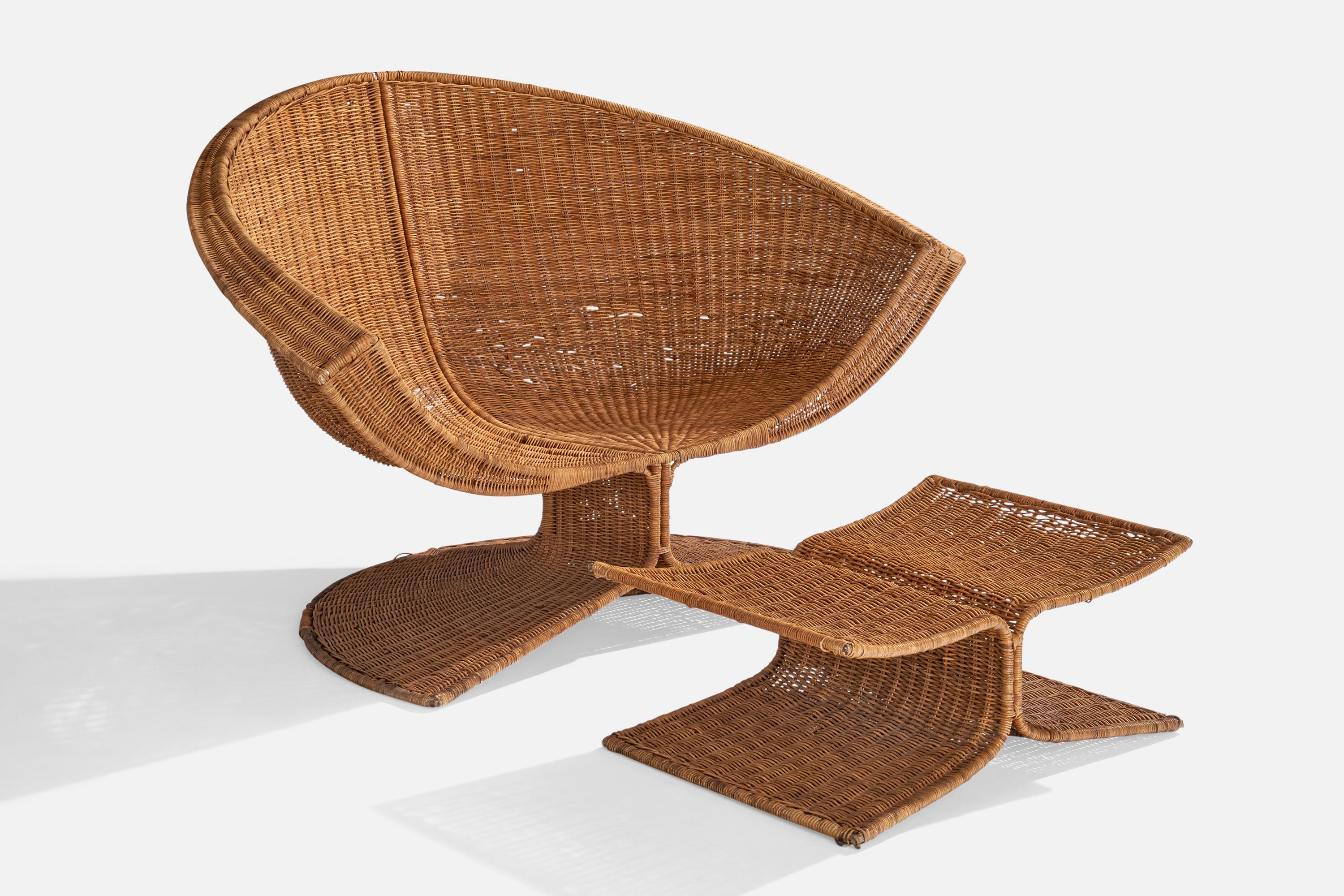 A wicker over stainless steel lounge chair with ottoman designed by Miller Fong and produced by Tropi-Cal, USA, c. 1966.

Dimensions of chair: 34” H x 53” W x 31” D

Seat height: 12.25”

Ottoman dimensions: 11.75” H x 28.75” W x 20” D

Depth of