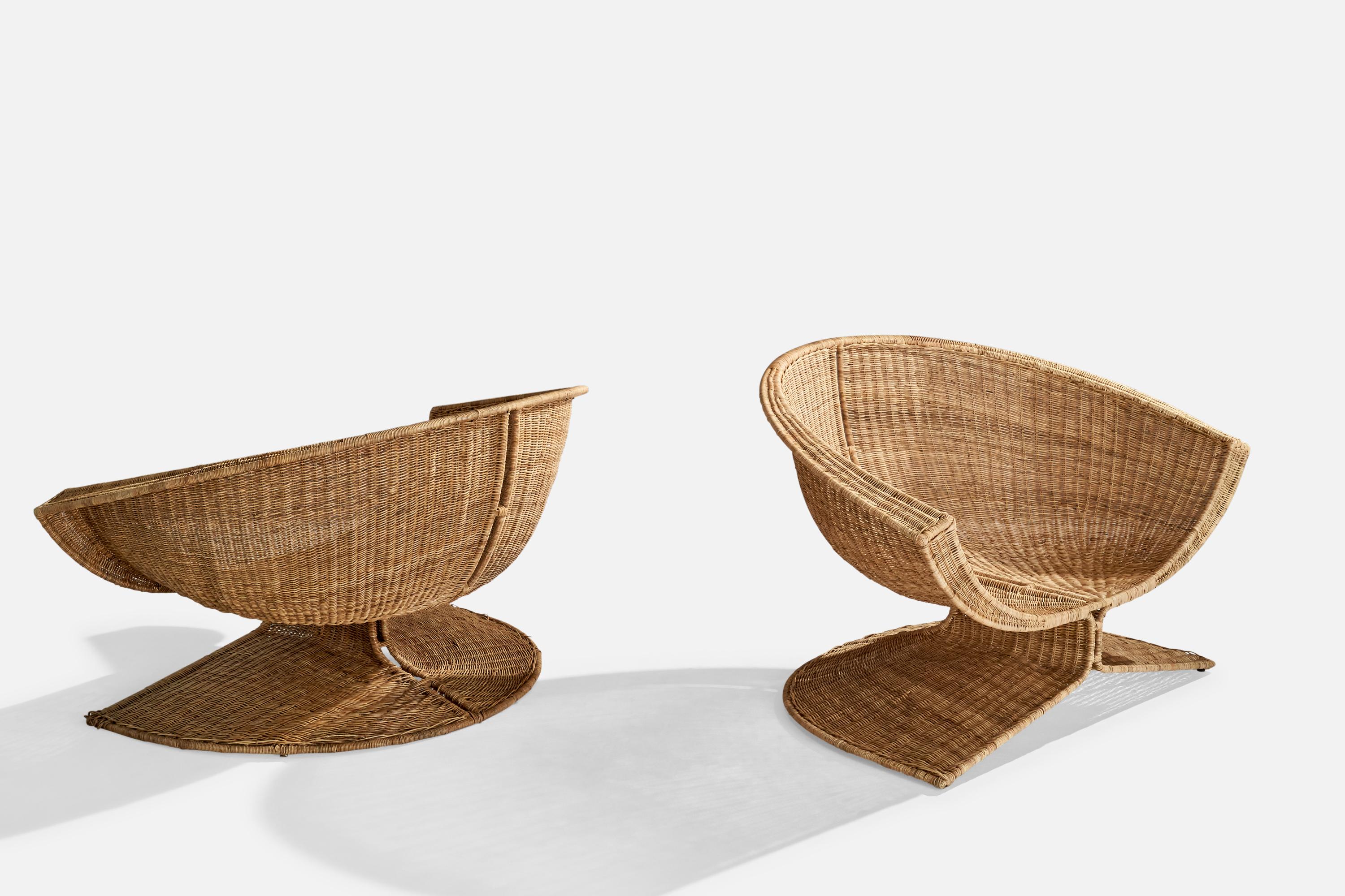 American Miller Fong, Lounge Chairs, Wicker, Steel, USA, 1960s