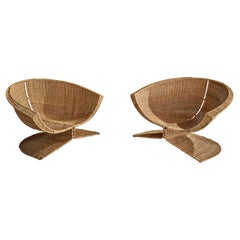 Miller Fong, Lounge Chairs, Wicker, Steel, USA, 1960s
