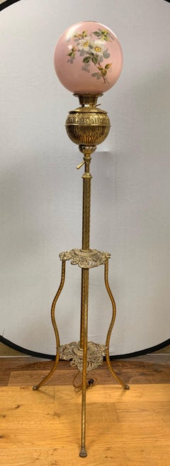 Miller Style Brass Floor Lamp with Round Hand Painted Porcelain Top