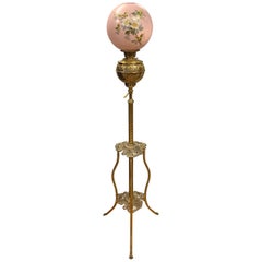 Miller Style Brass Floor Lamp with Round Hand Painted Porcelain Top