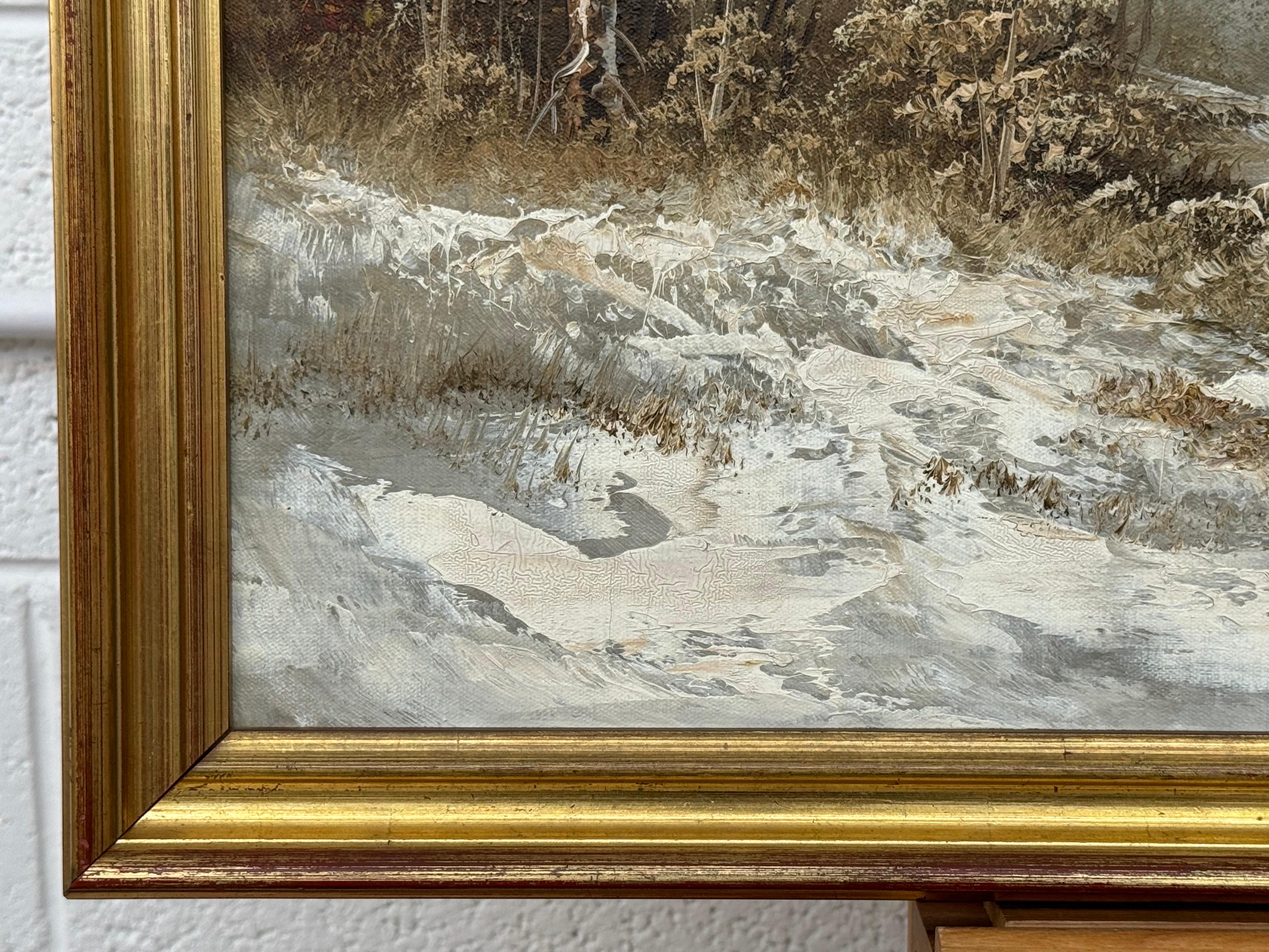 Cabaña nevada en el bosque - Un sereno paisaje invernal Pintura al óleo vintage en venta 5