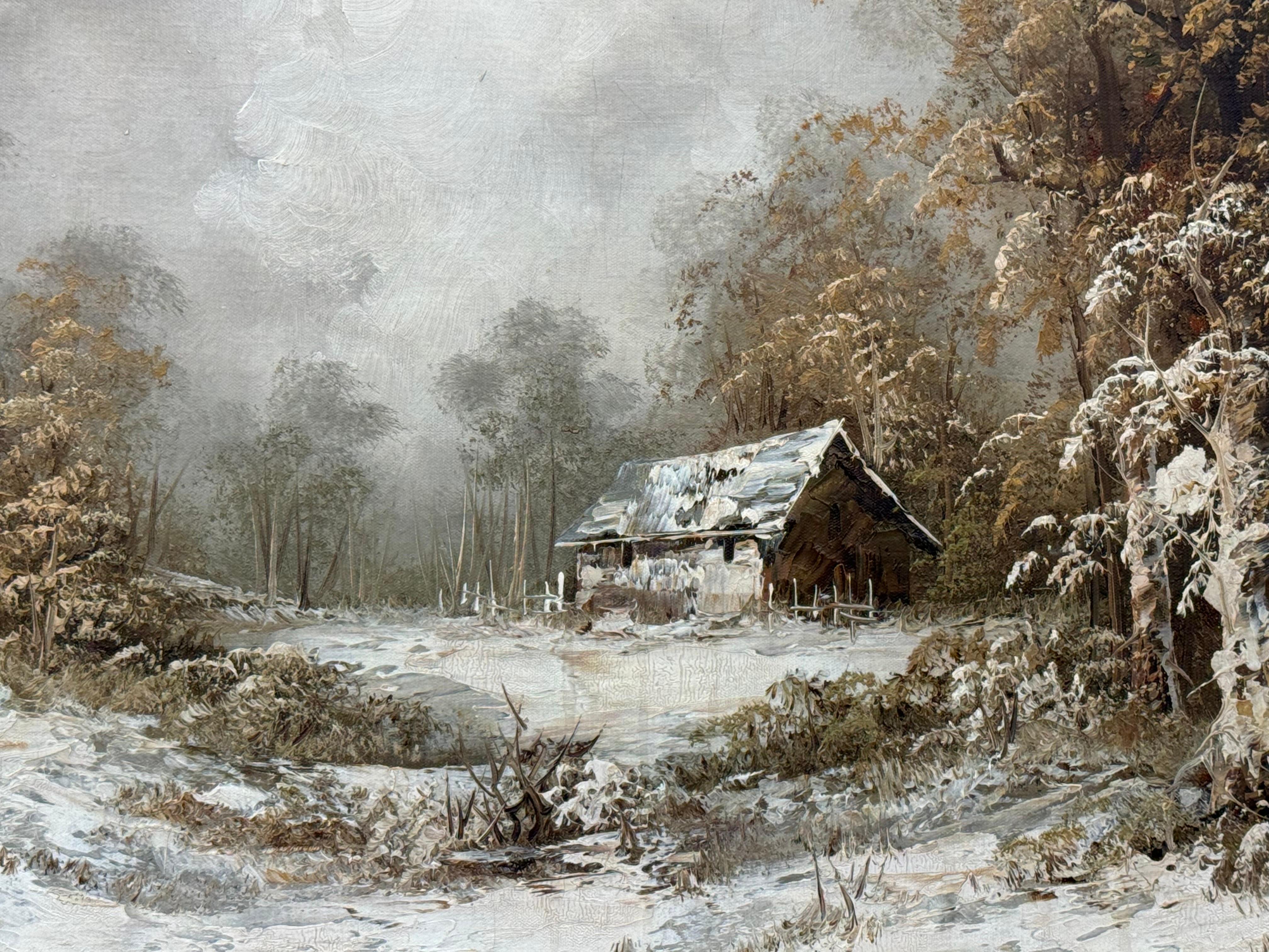 Cabaña nevada en el bosque - Un sereno paisaje invernal Pintura al óleo vintage en venta 6