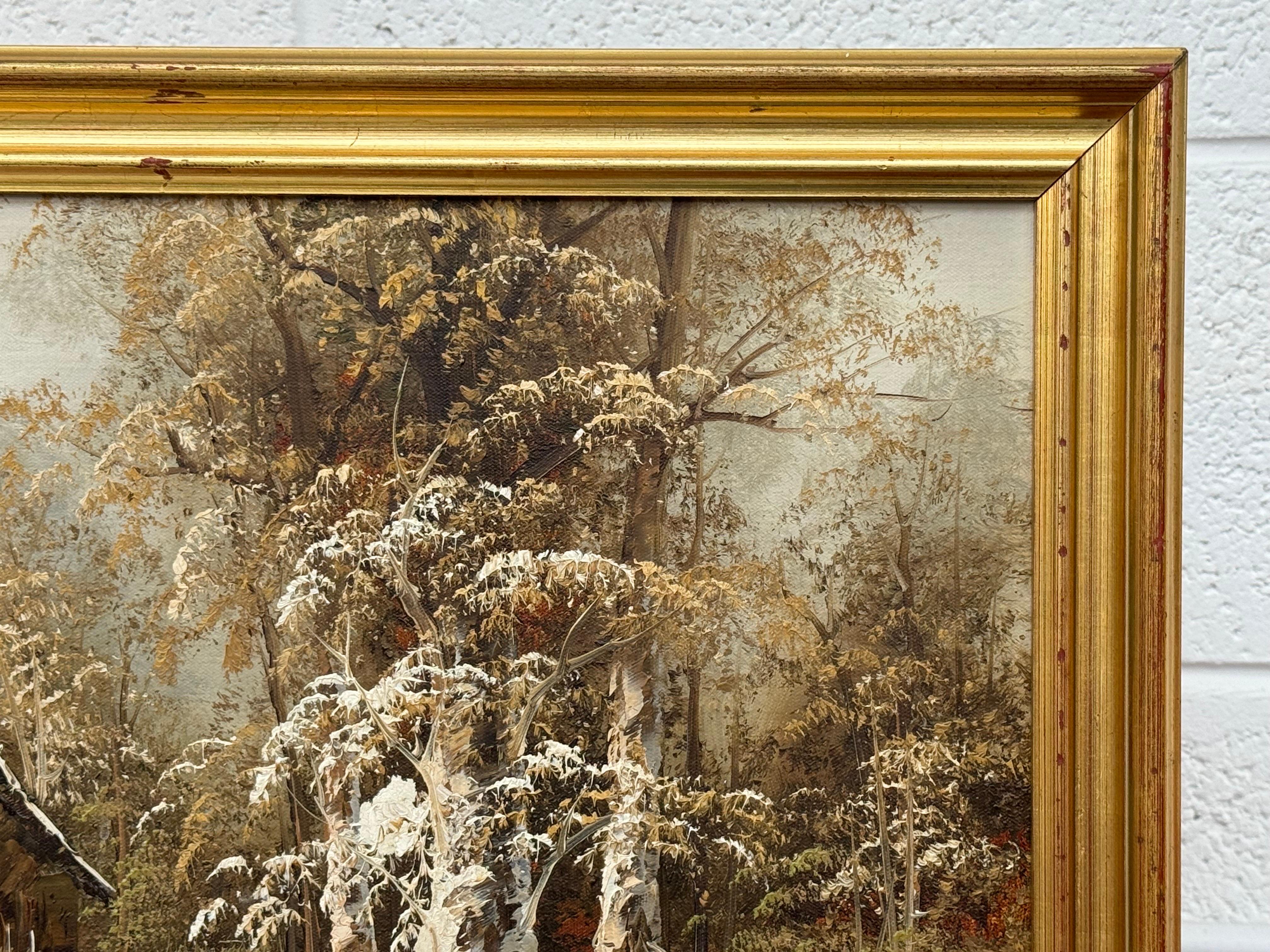Cabaña nevada en el bosque - Un sereno paisaje invernal Pintura al óleo vintage en venta 7