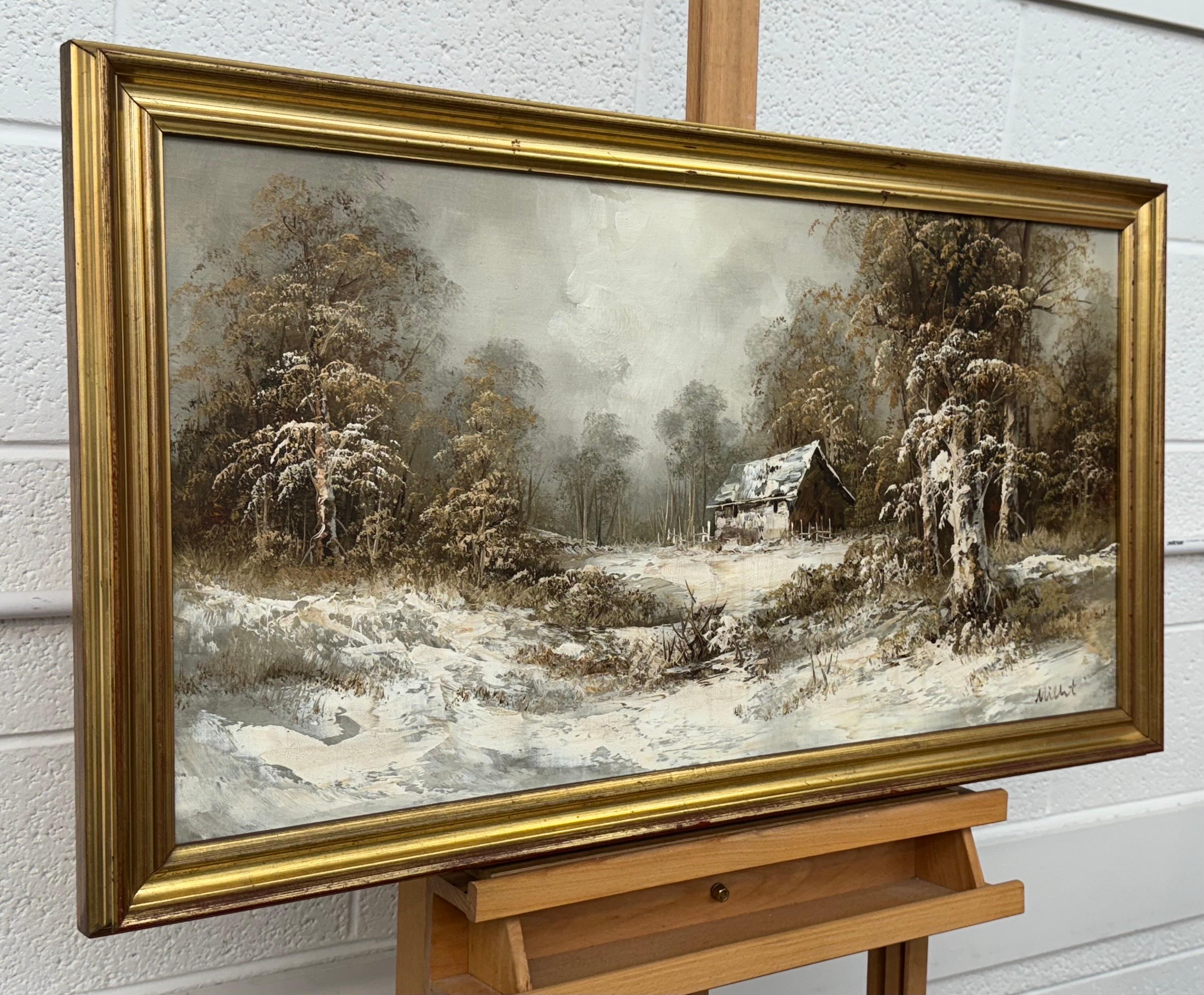 Cabaña nevada en el bosque - Un sereno paisaje invernal Pintura al óleo vintage - Painting de Millet