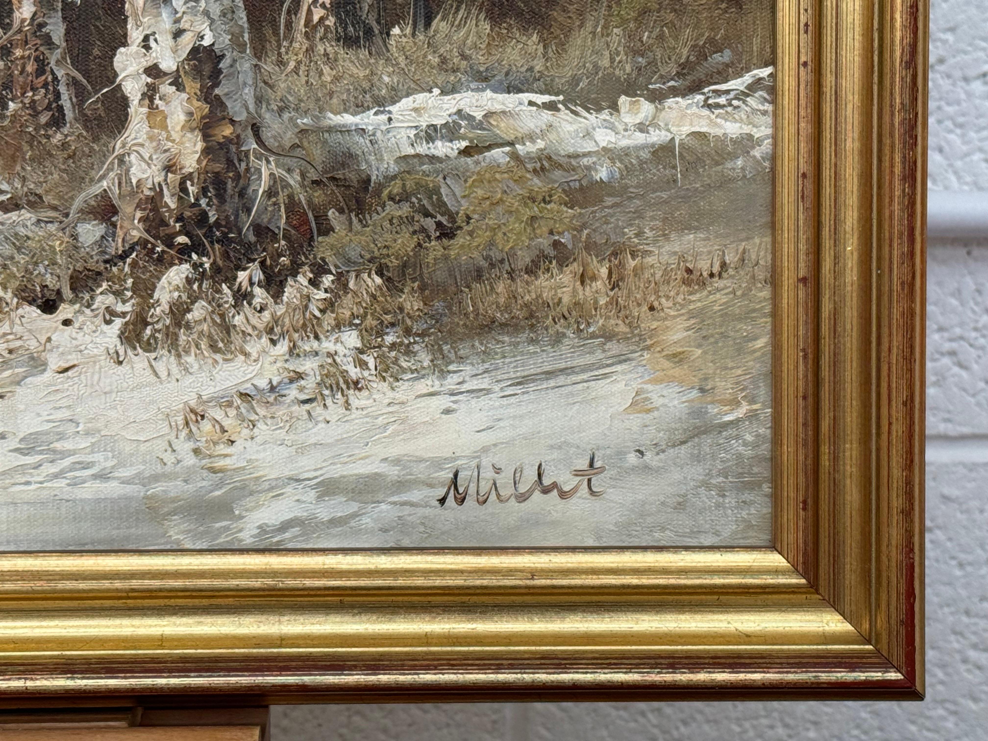 Cabaña nevada en el bosque - Un sereno paisaje invernal Pintura al óleo vintage del artista del siglo XX, Miller. 

El cuadro mide 32 x 16 pulgadas (aprox.) 
El marco mide 36 x 20 pulgadas (aprox.) 

Firmado, Original único, Óleo sobre tabla 

Este