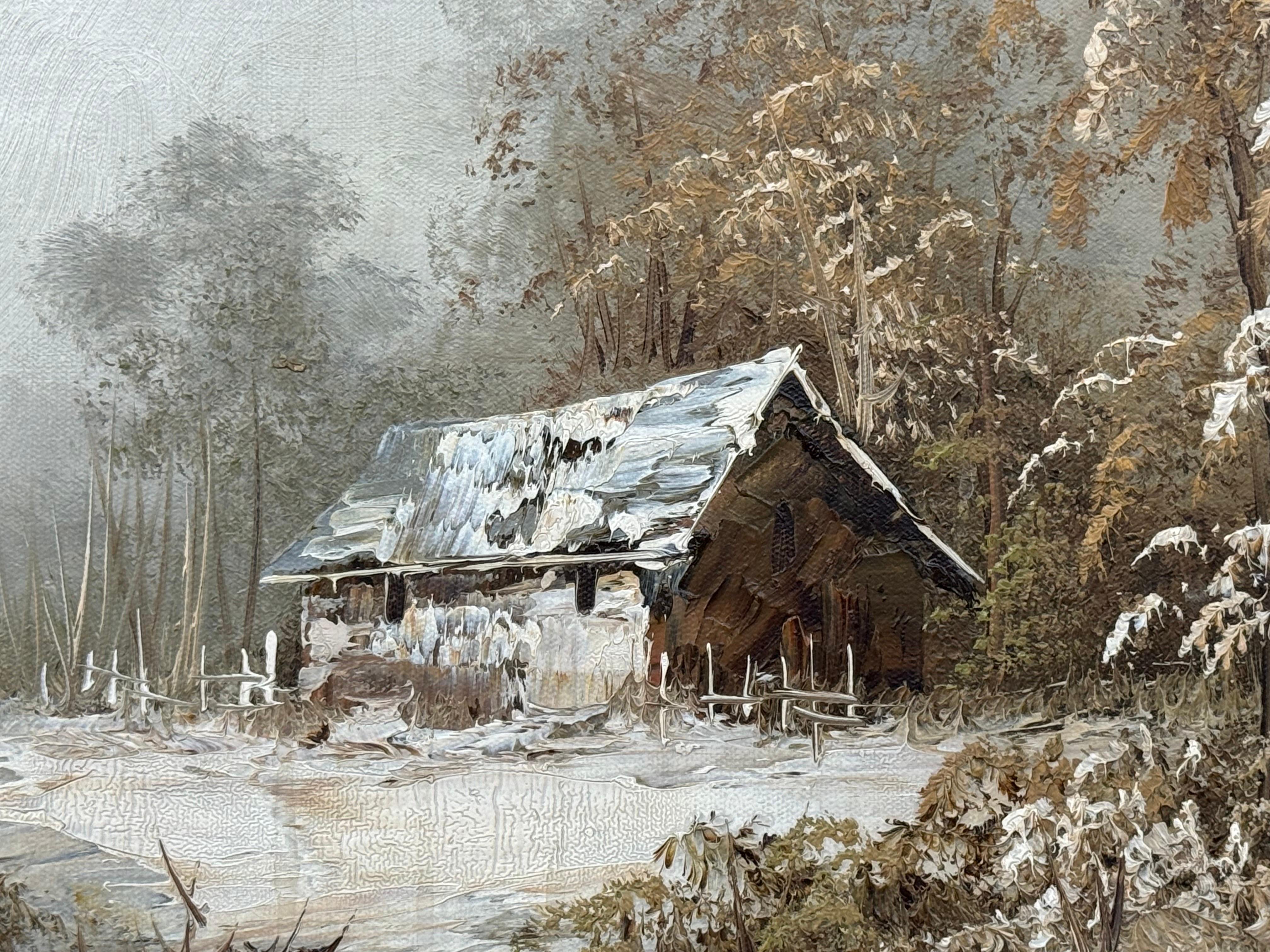 Cabaña nevada en el bosque - Un sereno paisaje invernal Pintura al óleo vintage en venta 1