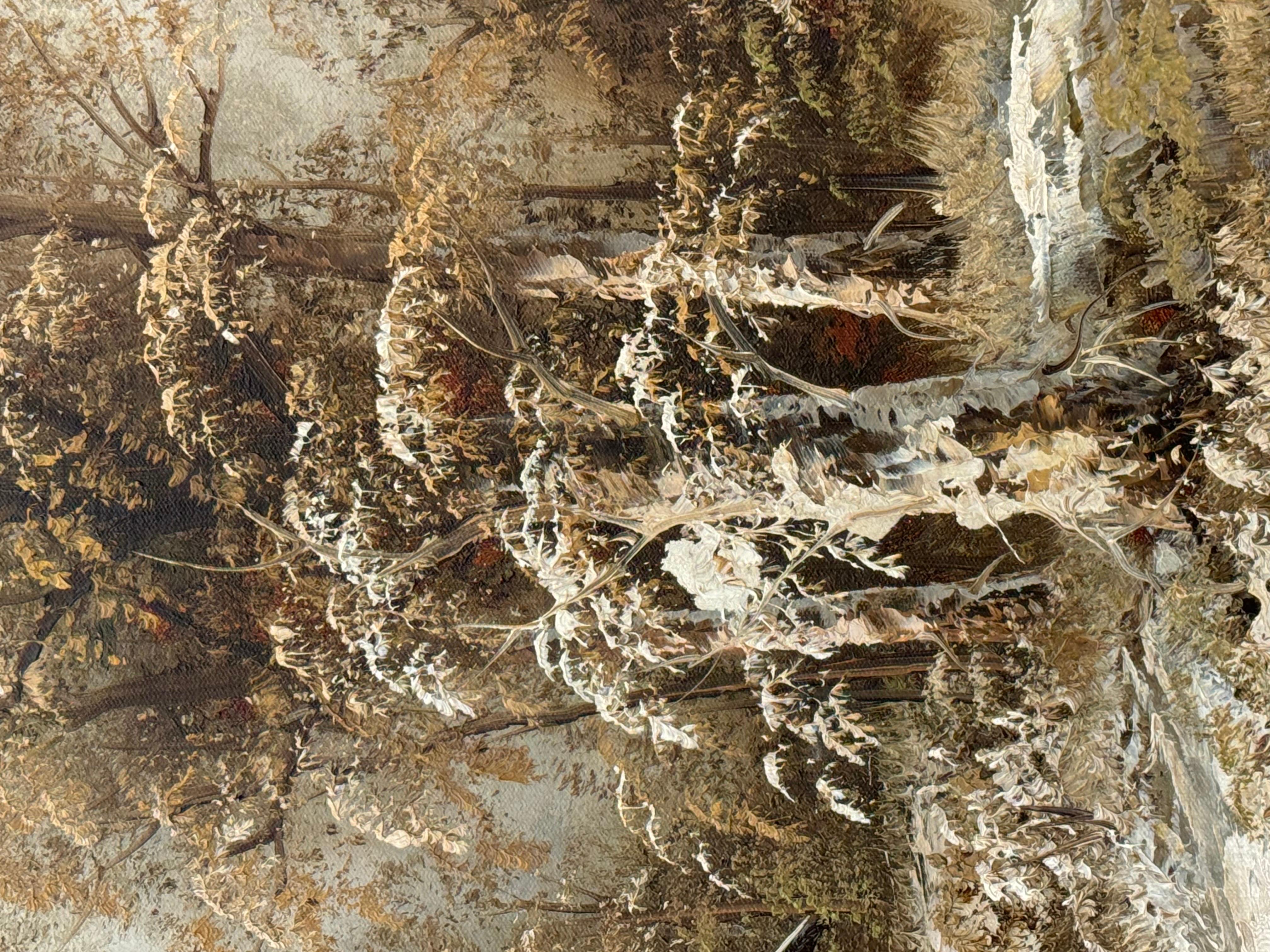 Cabaña nevada en el bosque - Un sereno paisaje invernal Pintura al óleo vintage en venta 2