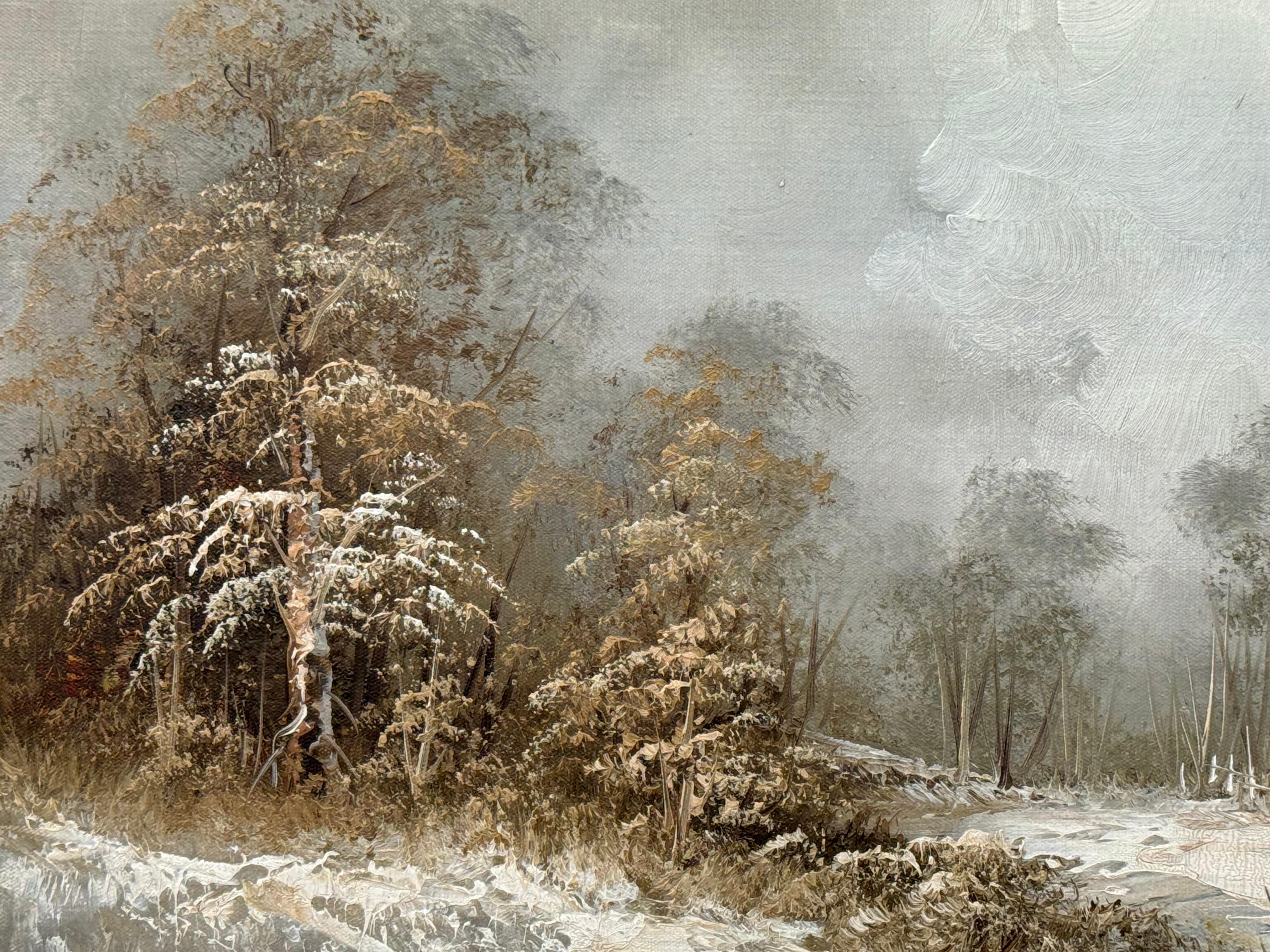 Cabaña nevada en el bosque - Un sereno paisaje invernal Pintura al óleo vintage en venta 3