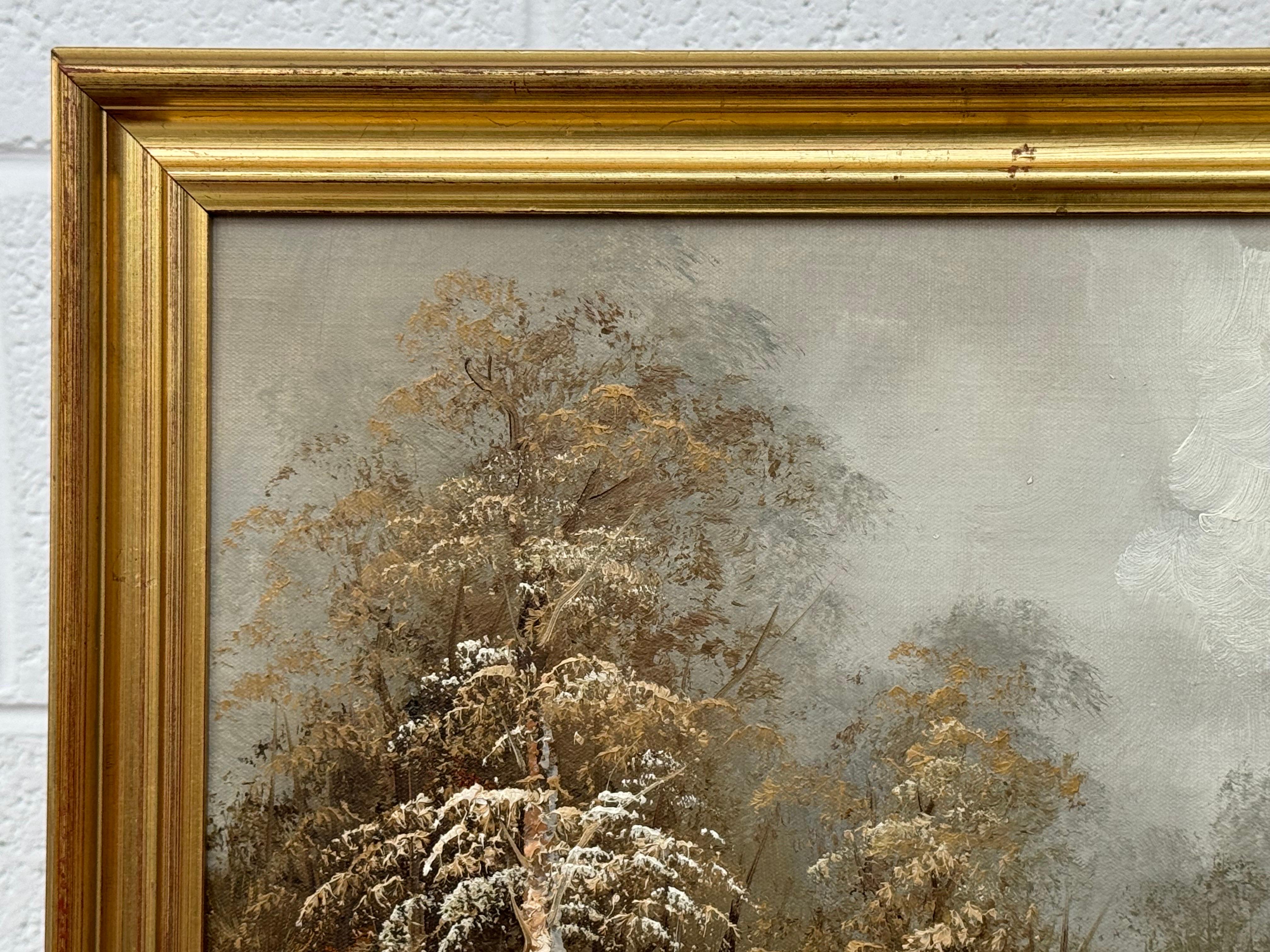Cabaña nevada en el bosque - Un sereno paisaje invernal Pintura al óleo vintage en venta 4