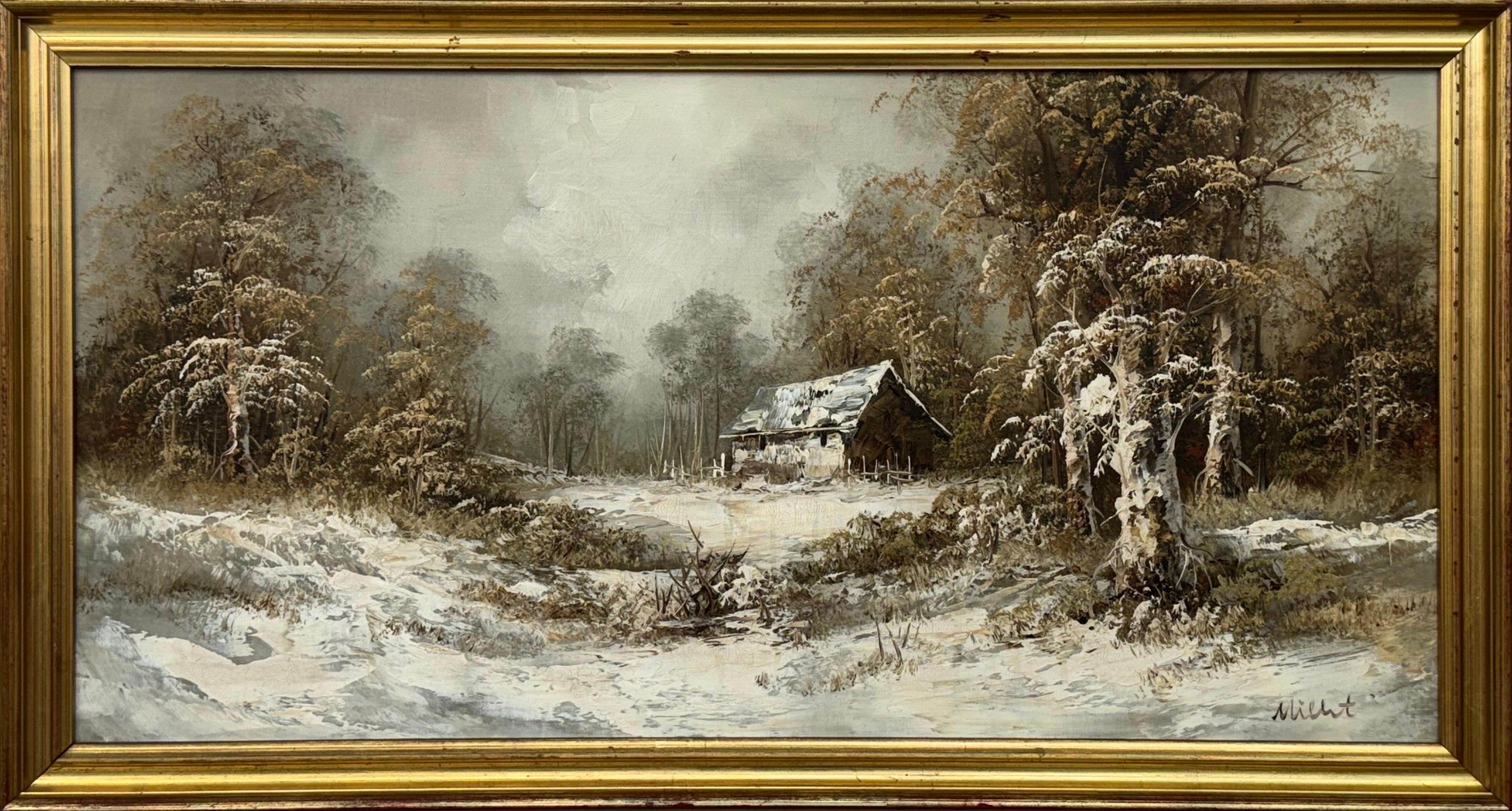 Cabine innevate nel Wood - Un sereno paesaggio invernale Vintage Oil Painting